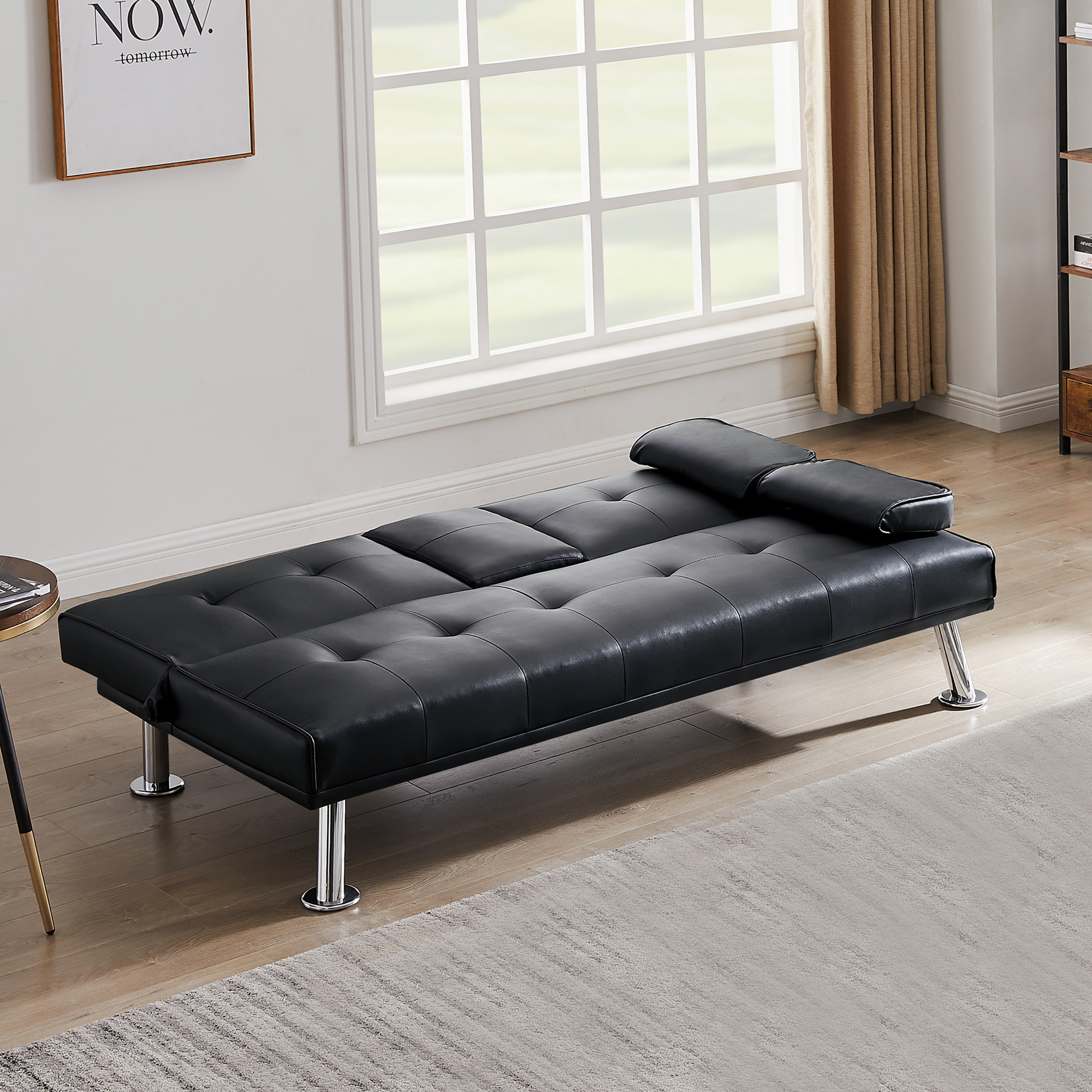 Modern Faux Leather Loveseat Sofa Bed with Cup Holders , Convertible Folding Sleeper Couch Bed .-Boyel Living