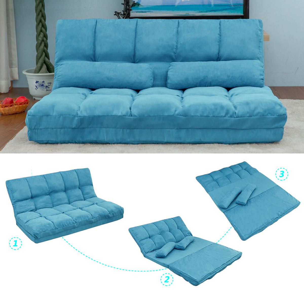 Double Chaise Lounge Sofa Floor Couch and Sofa with Two Pillows (Blue)-Boyel Living