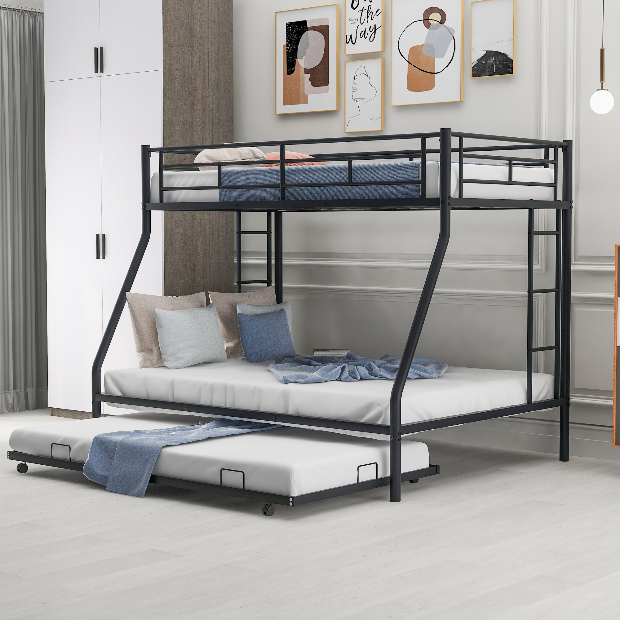 Twin over Full Bed with Sturdy Steel Frame, Bunk Bed with Twin Size Trundle, Two-Side Ladders, Black(OLD SKU:MF194424AAB)-Boyel Living