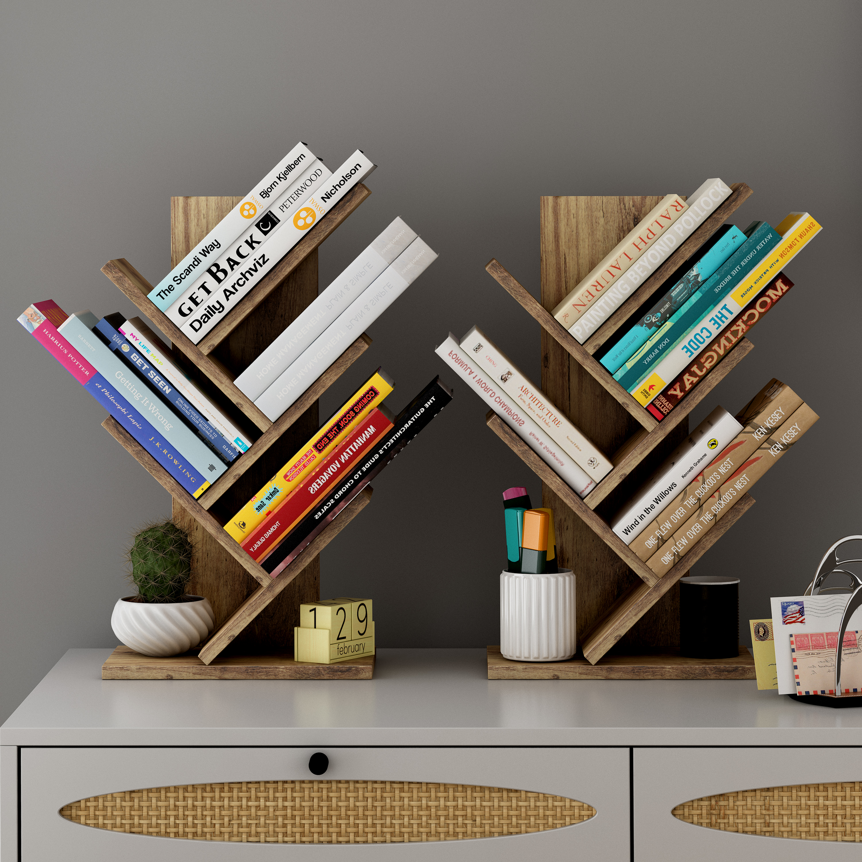 Tree Bookshelf set of 2 ，4-Tier Small Book Shelf Organizer Floor Standing Bookcase, Wood Book Shelves Magazine Rack, Mini Desktop Bookshelf for CDs/Books, Display Shelf for Small Space-Boyel Living
