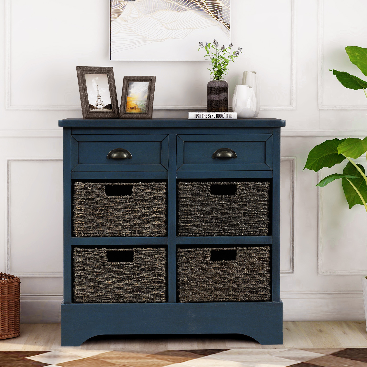 Rustic Storage Cabinet with Two Drawers and Four  Classic Rattan Basket for Dining Room/Entryway/Living Room (Antique Navy)-Boyel Living