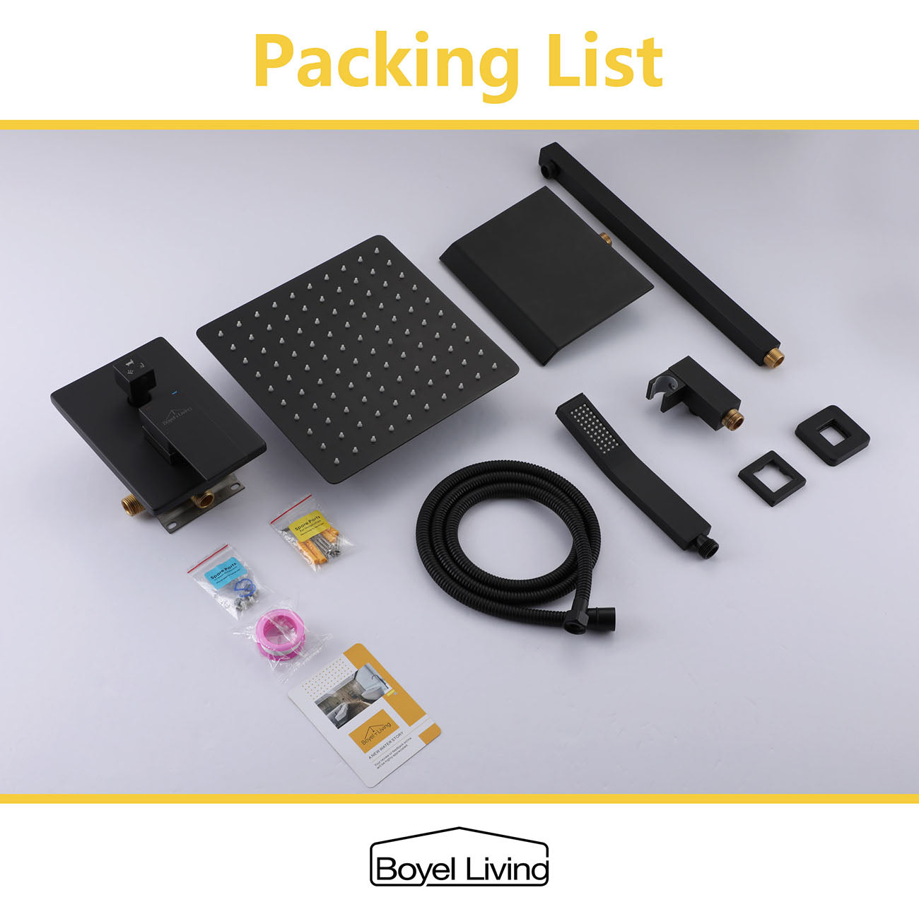 Boyel Living Matte Black 12-Inch Rain Shower System Packing List-Boyel Living