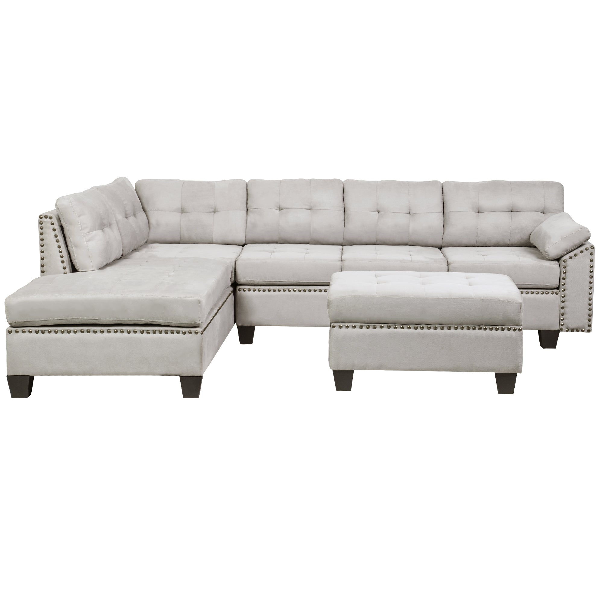 Sectional Sofa Set with Chaise Lounge and Storage Ottoman Nail Head Detail (Grey)-Boyel Living