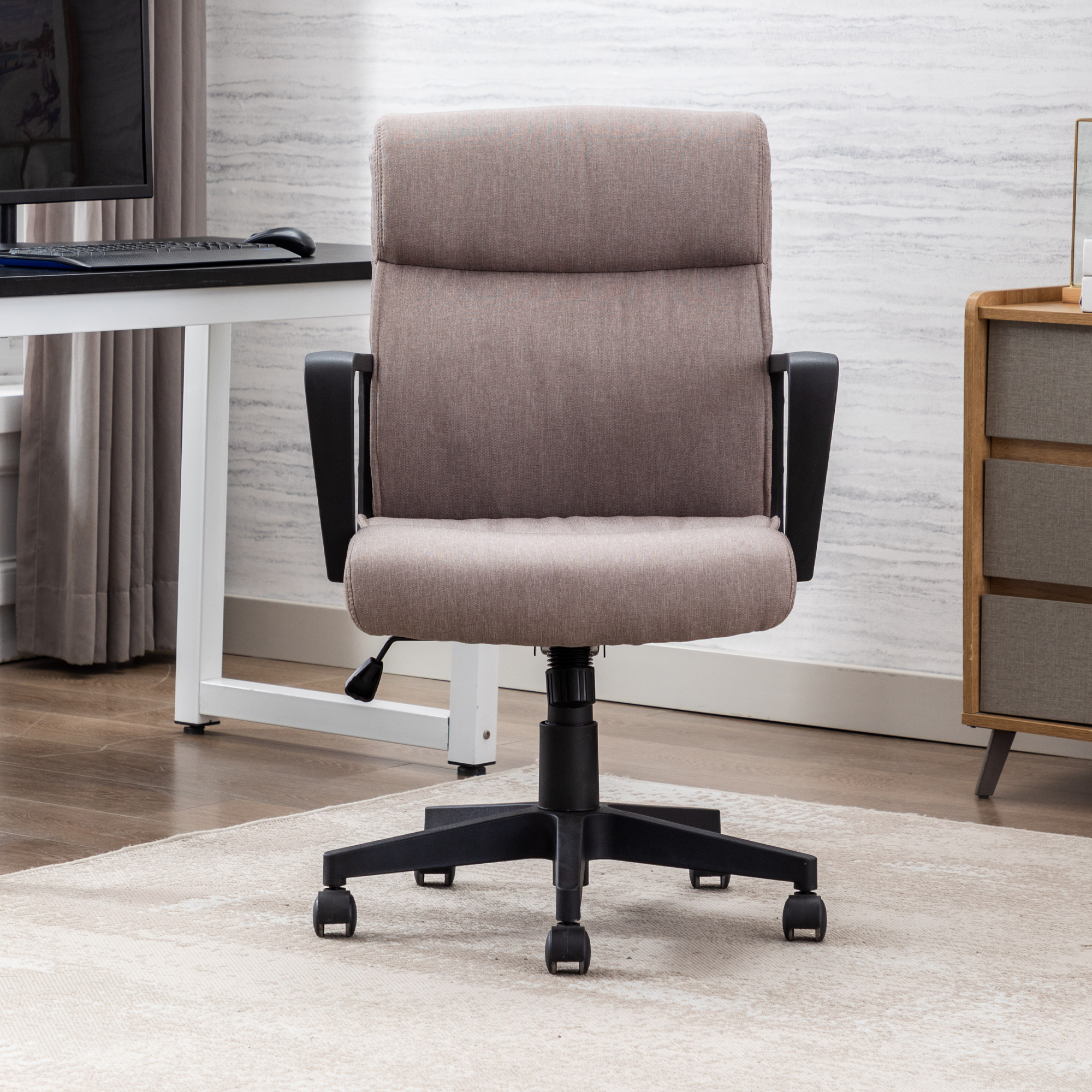 Hengming Home Office Chair Spring Cushion Mid Back Executive Desk Fabric Chair with PP Arms Leather 360 Swivel Task Chair-Boyel Living
