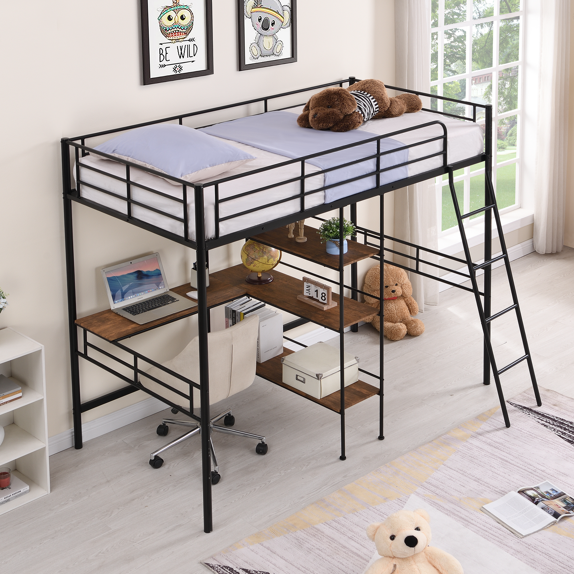 Twin Size Metal Loft Bed and Built-in Desk and Shelves,Black(OLD DKU:WF280270AAB)-Boyel Living