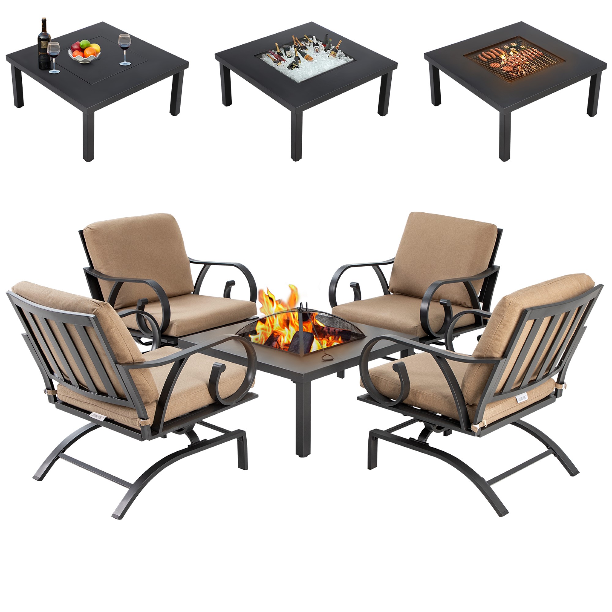 LAUSIANT Home 5 Piece Luxury Outdoor Furniture Conversation Set,Patio Rocking Chairs with Fire Table Pits,Bistro Sets for Balcony Yard Garden，Weight Capacity 350Lbs-Boyel Living
