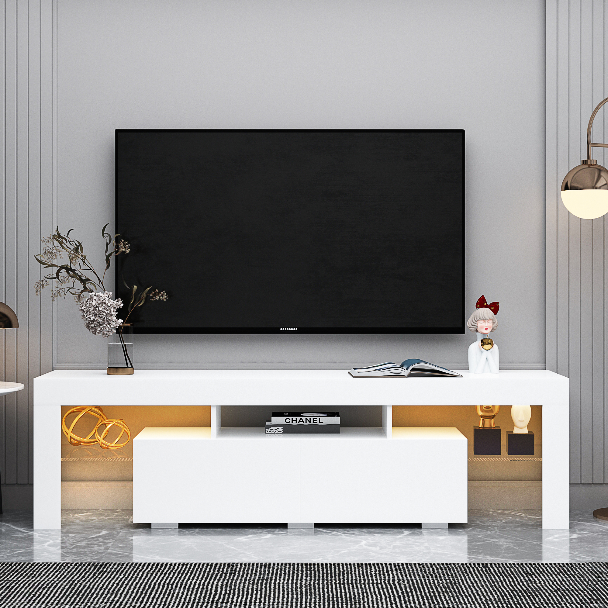 Modern White TV Stand, 20 Colors LED TV Stand w/Remote Control Lights-Boyel Living