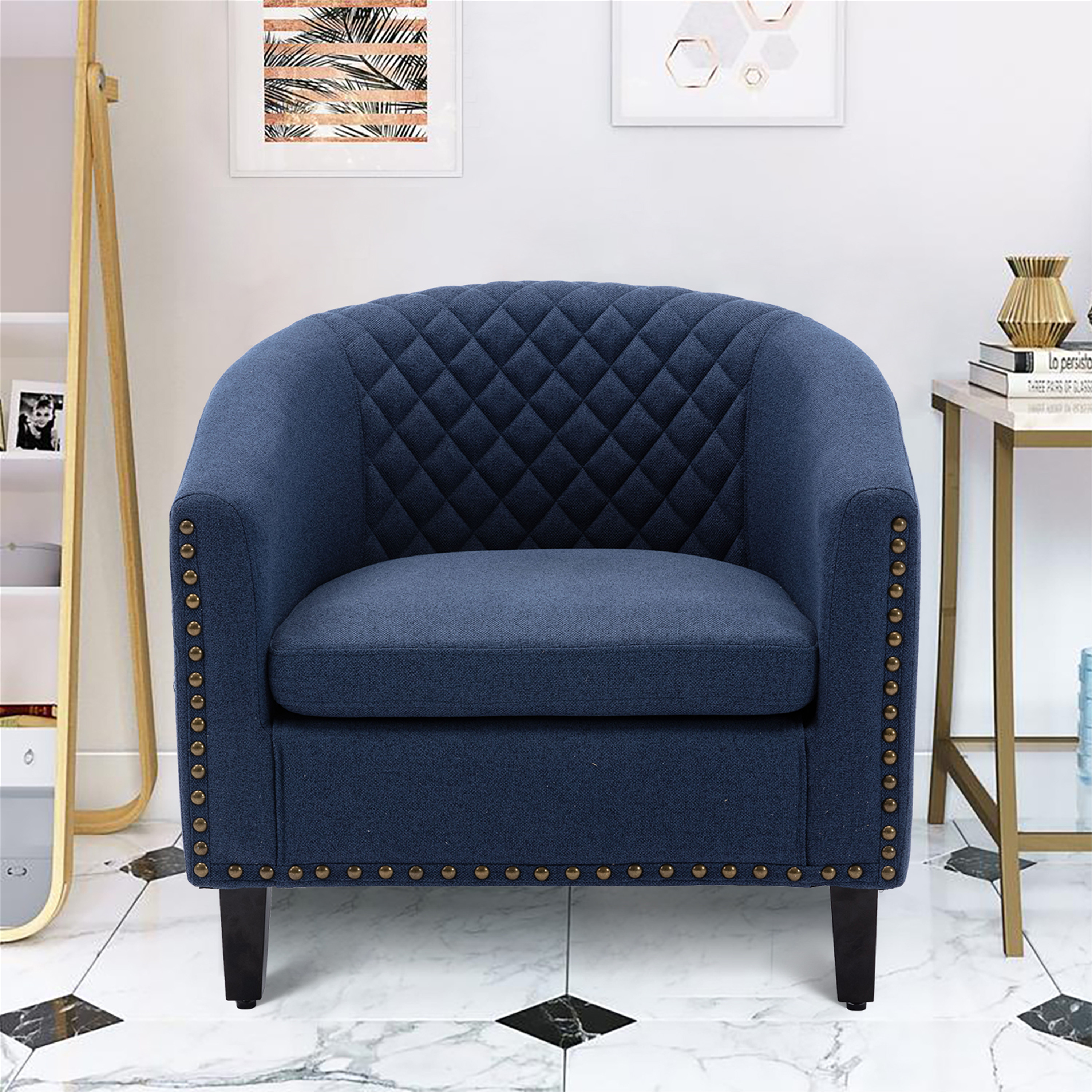 COOLMORE accent Barrel chair living room chair with nailheads and solid wood legs&nbsp; Black&nbsp; Navy  Linen-Boyel Living
