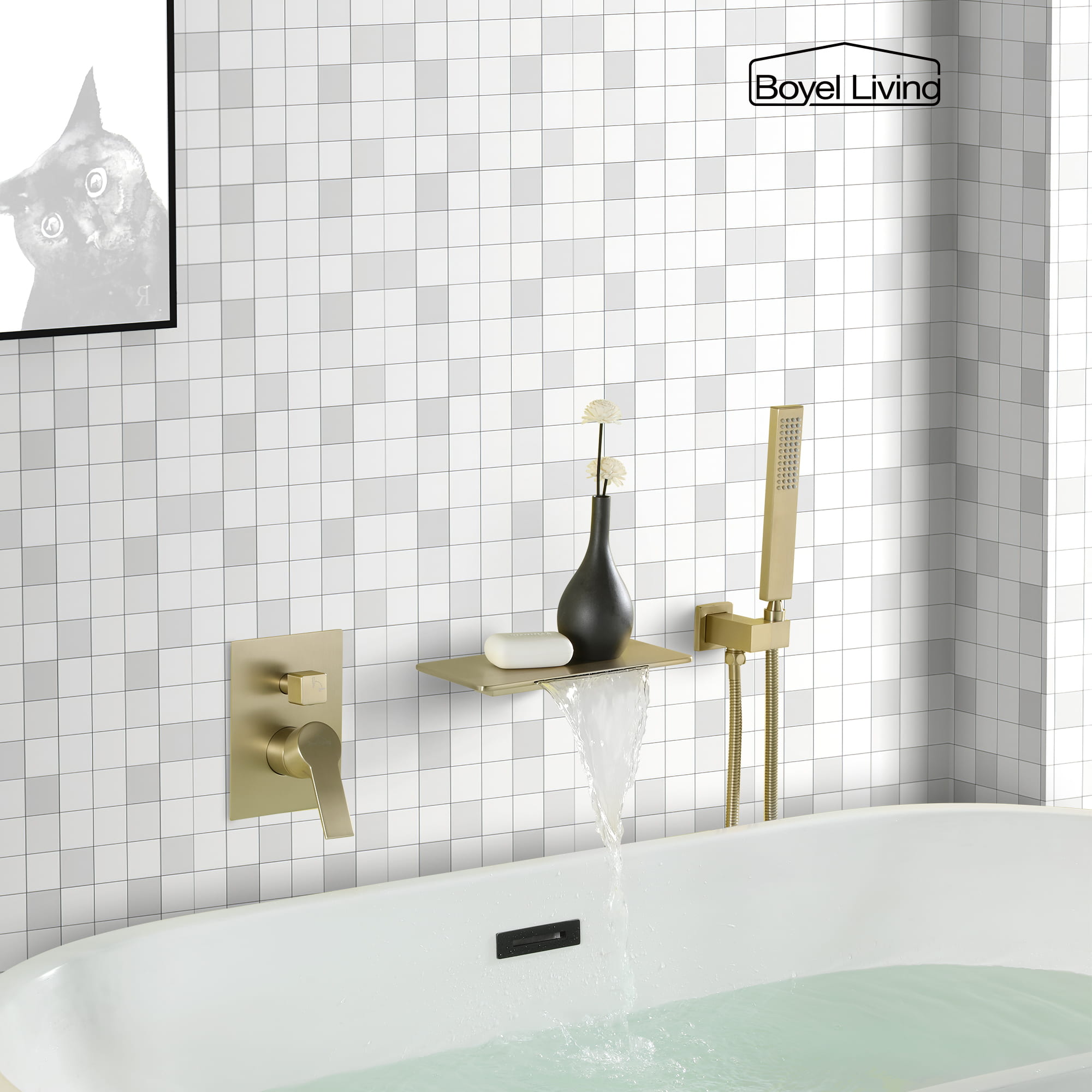 Single-Handle Wall Mounted Roman Large Waterfall Tub Faucet with Hand Shower-Boyel Living