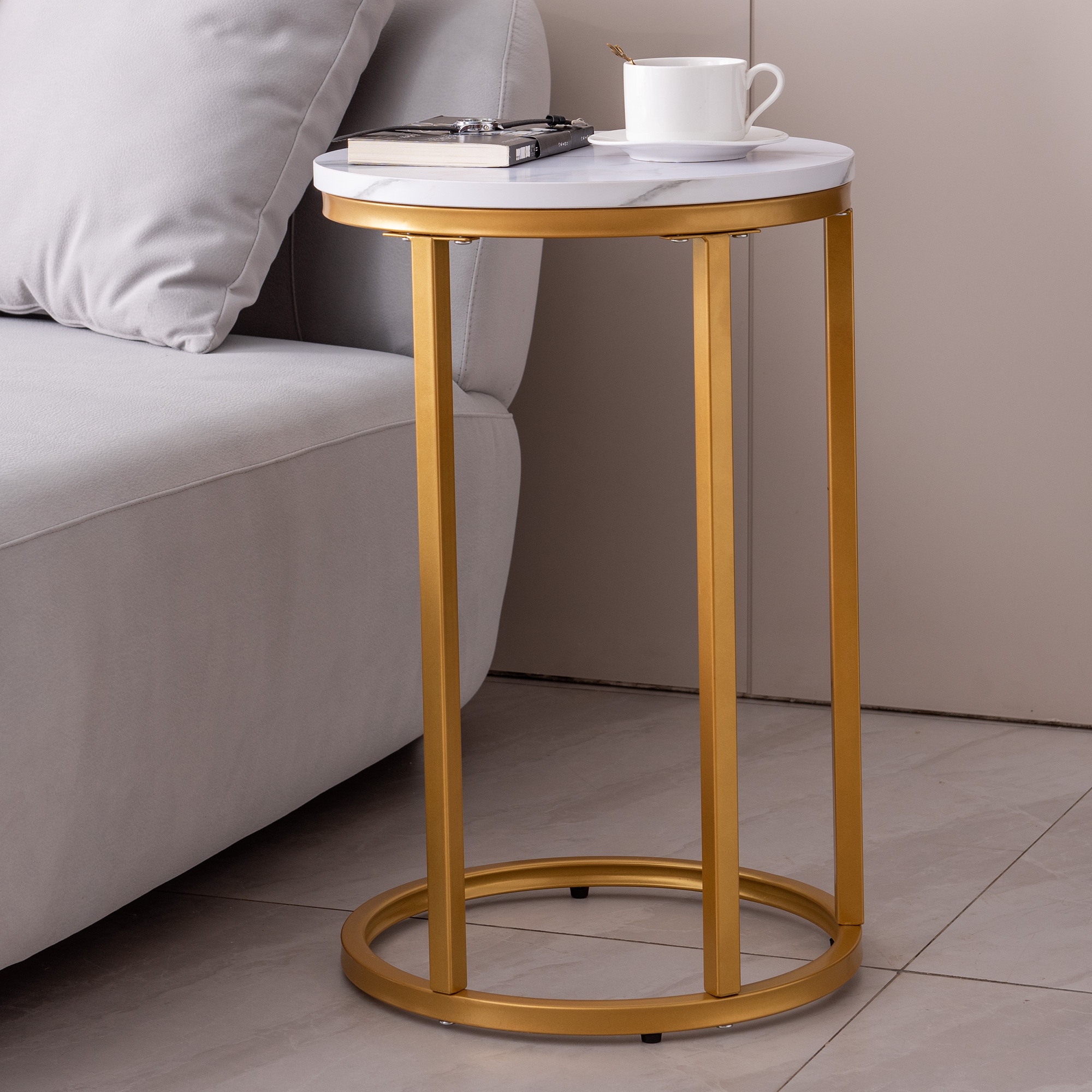 Modern C-shaped end/side table,Golden metal frame with round marble color top-15.75&rdquo;-Boyel Living