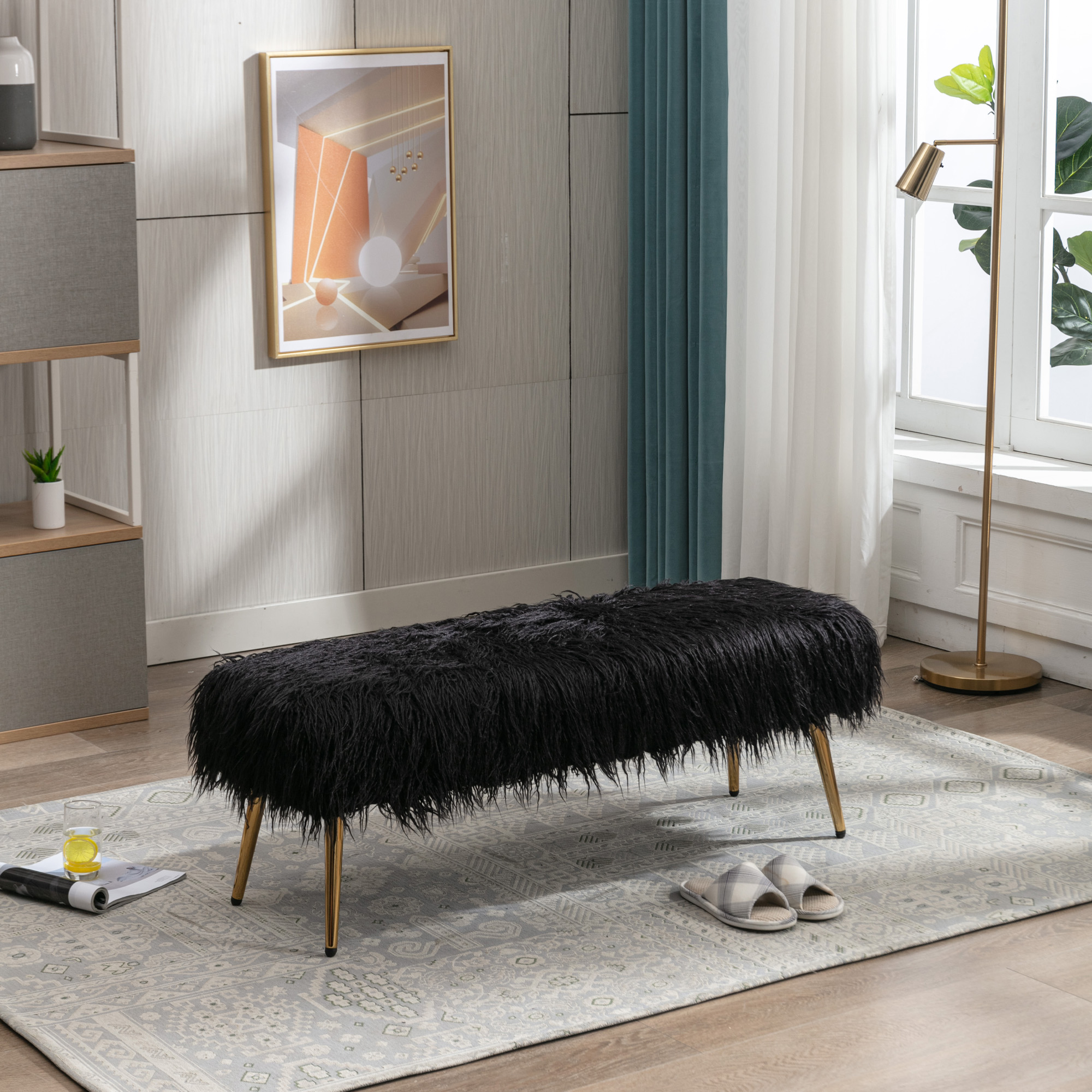 HengMing Faux Fur Plush Ottoman Bench, Modern Fluffy Upholstered Bench for Entryway Dining Room Living Room Bedroom, Black