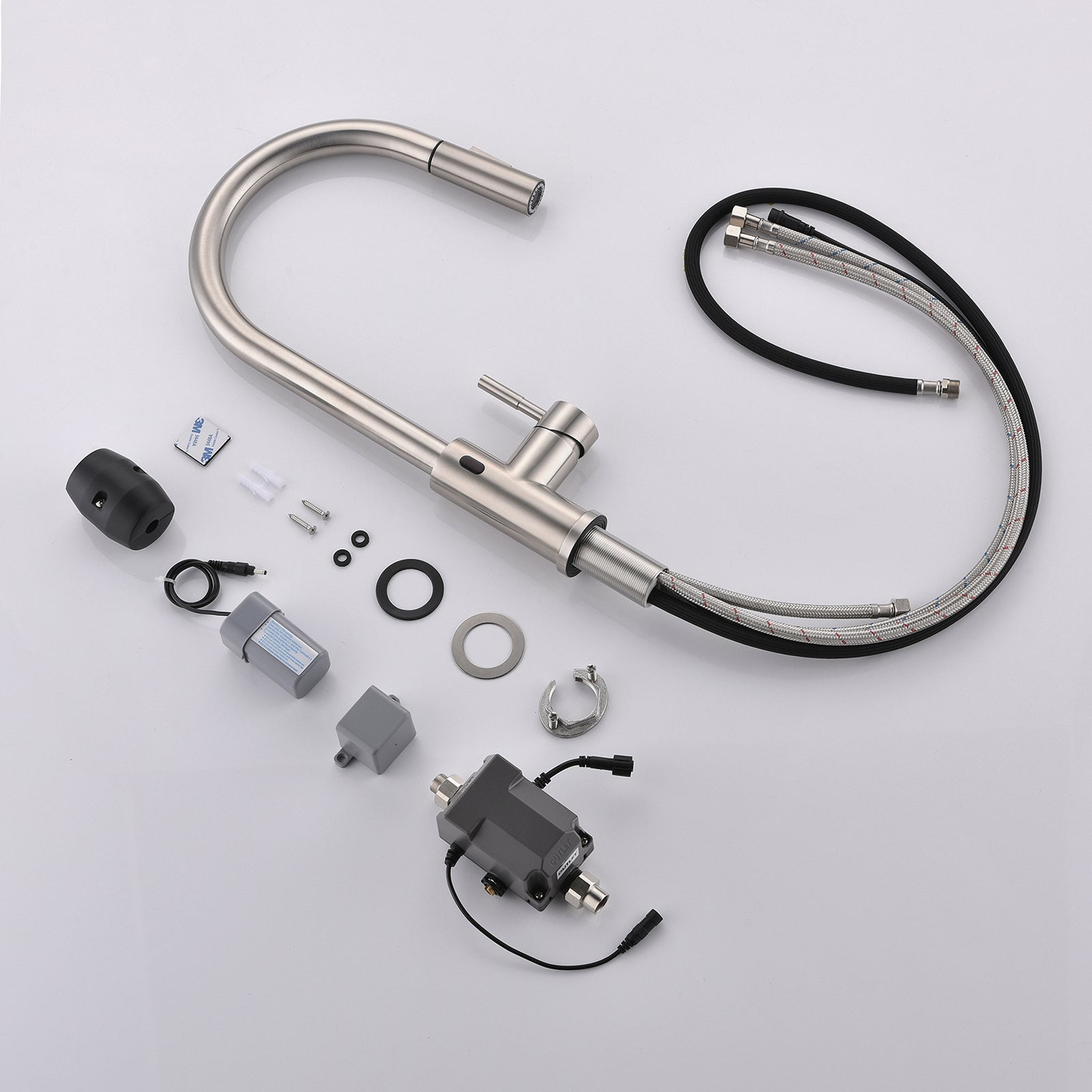 Single-Handle Touchless Pull-Out Sprayer Kitchen Faucet with Water Supply Lines in Brushed Nickel( Deckplate and Batteries Not Included )-Boyel Living