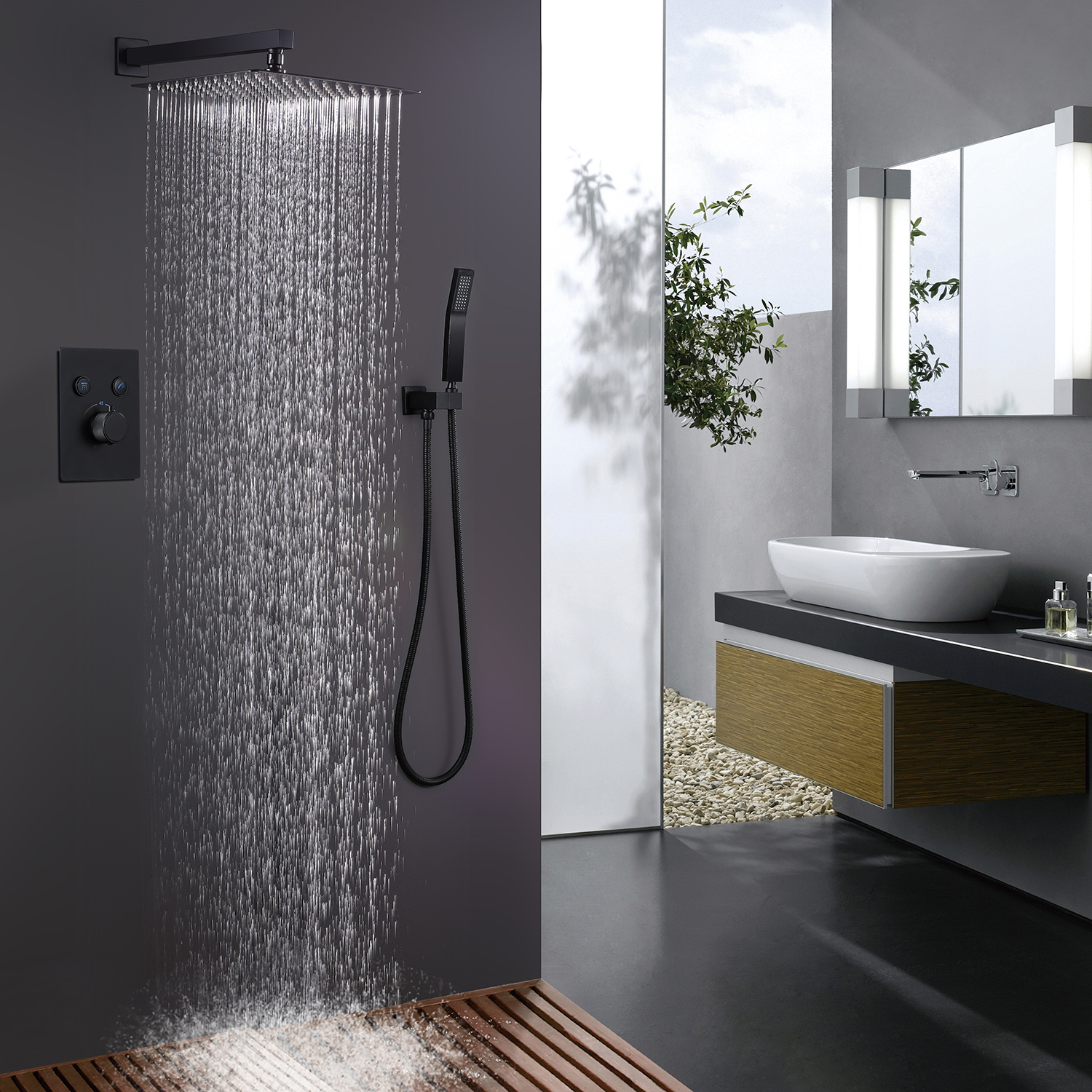 Thermostatic 12 in. Wall Mount Dual Shower Heads Shower System with Handheld in Matte Black-Boyel Living