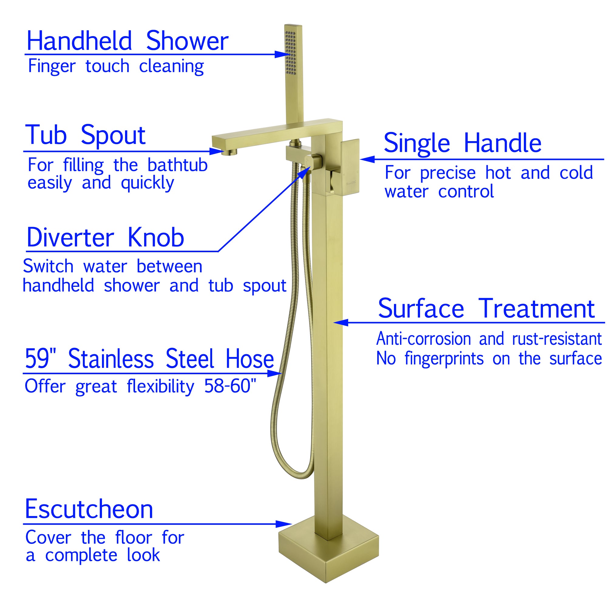  Freestanding Floor Mount Single Handle Bath Tub Filler Faucet with Handheld Shower in Brushed Gold-Boyel Living