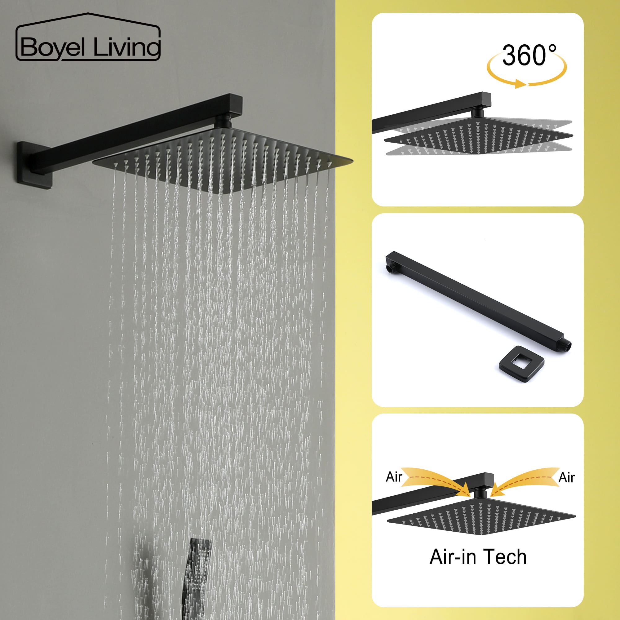 Rain Shower Head System with 10 Inches Square Rain Shower Head Support 360 Degree Swivel-Boyel Living