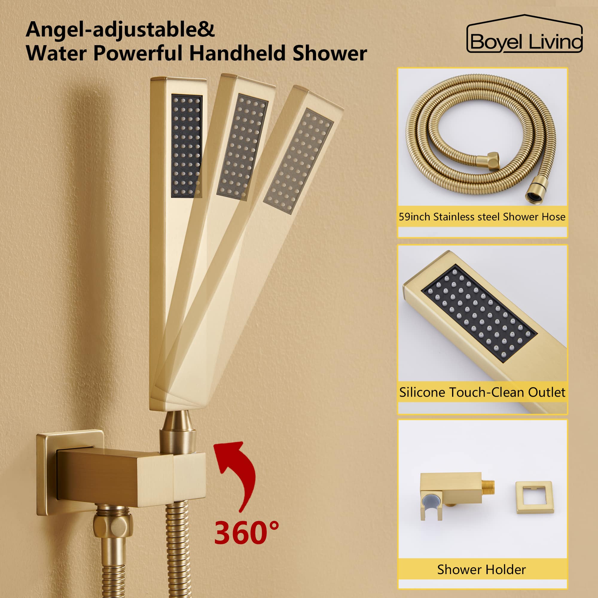 Boyel Living 10 in. Wall Mount High Pressure Shower System with Slide Bar and Handheld Shower in Brushed Gold-Boyel Living