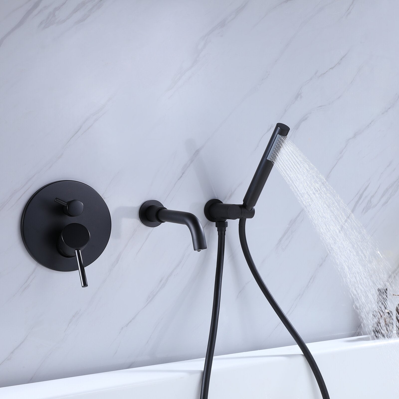 2-Handle Wall Mount Tub and Shower Faucet with Hand Shower in Black Valve Included-Boyel Living