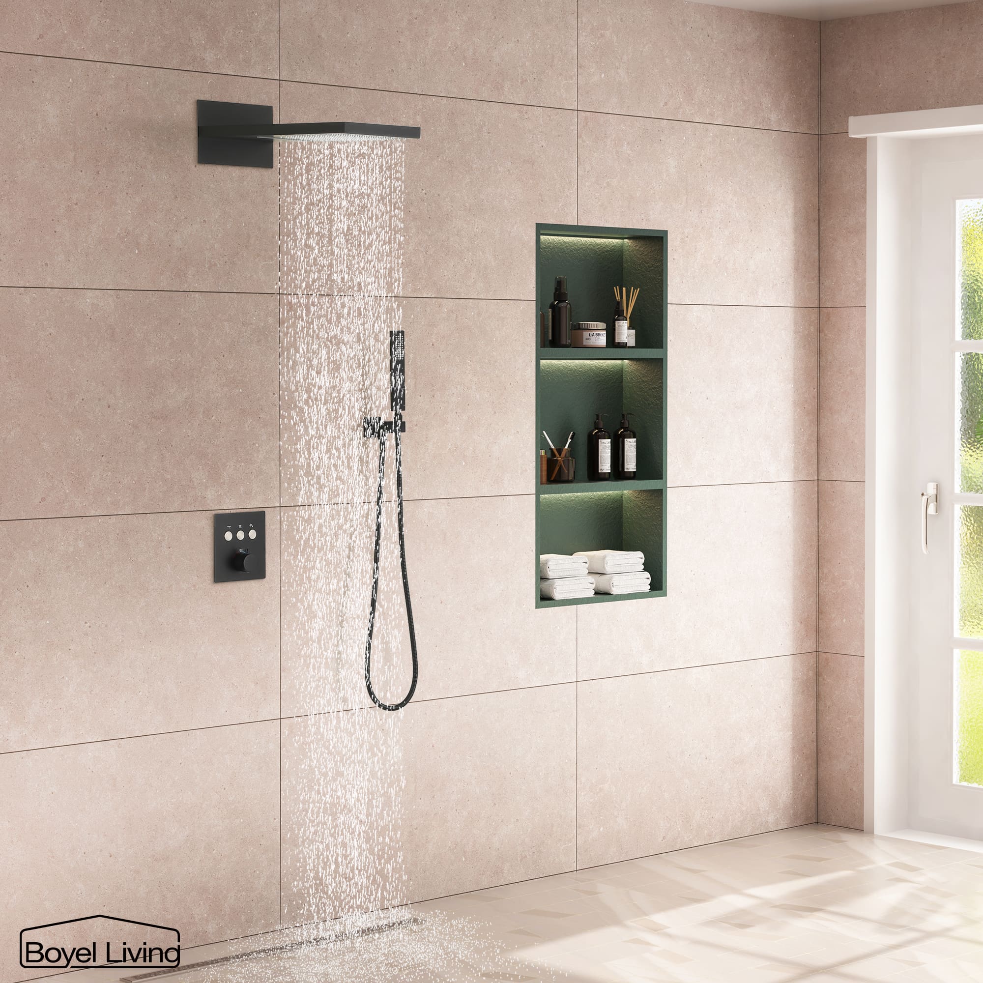 Boyel Living Rainfall & Waterfall 2 GPM 10 in. Wall Mount Dual Shower Heads System with Handheld Shower and Pressure Balance Valve-Boyel Living