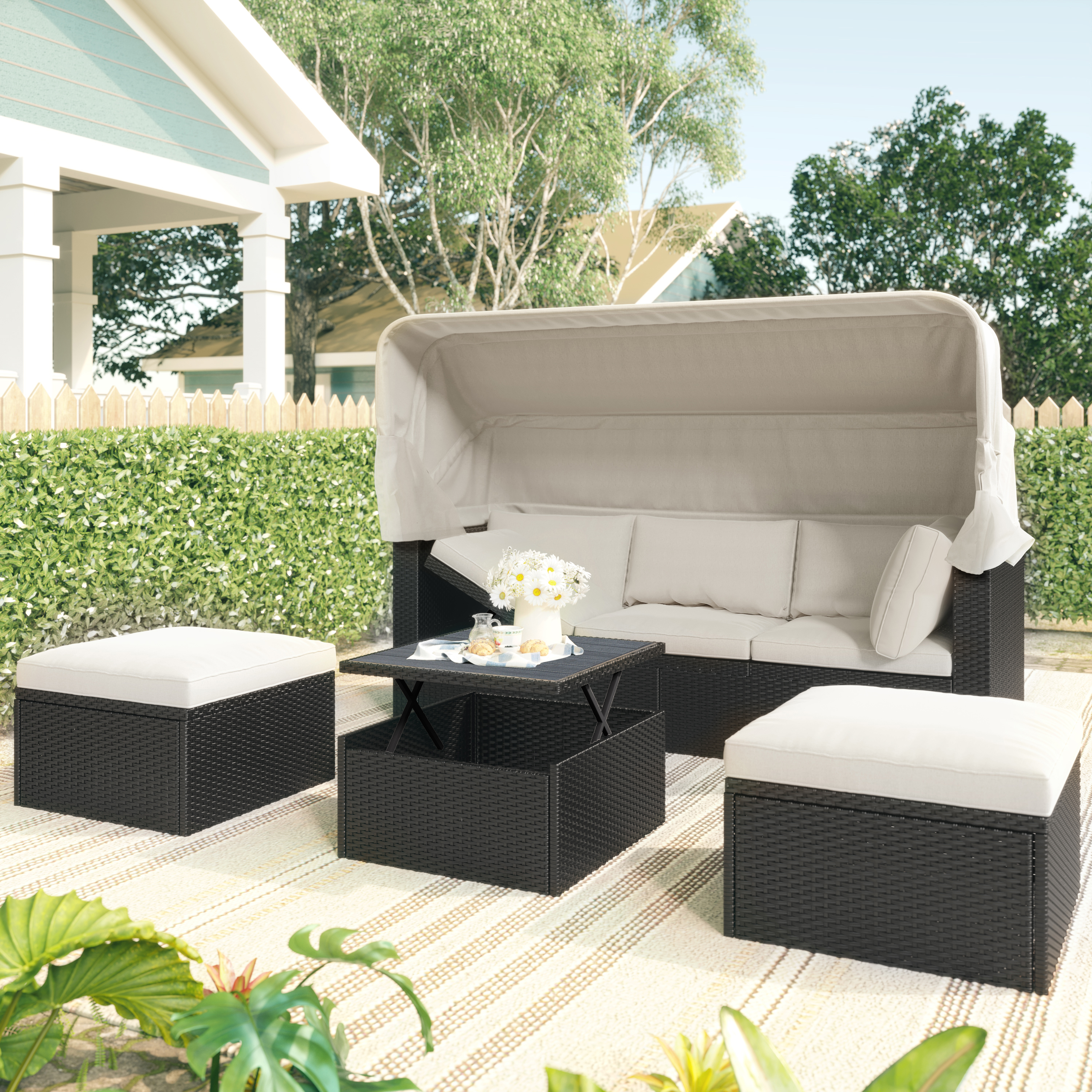 Outdoor Patio Rectangle Daybed with Retractable Canopy,  Wicker Furniture Sectional Seating with Washable Cushions, Backyard, Porch-Boyel Living