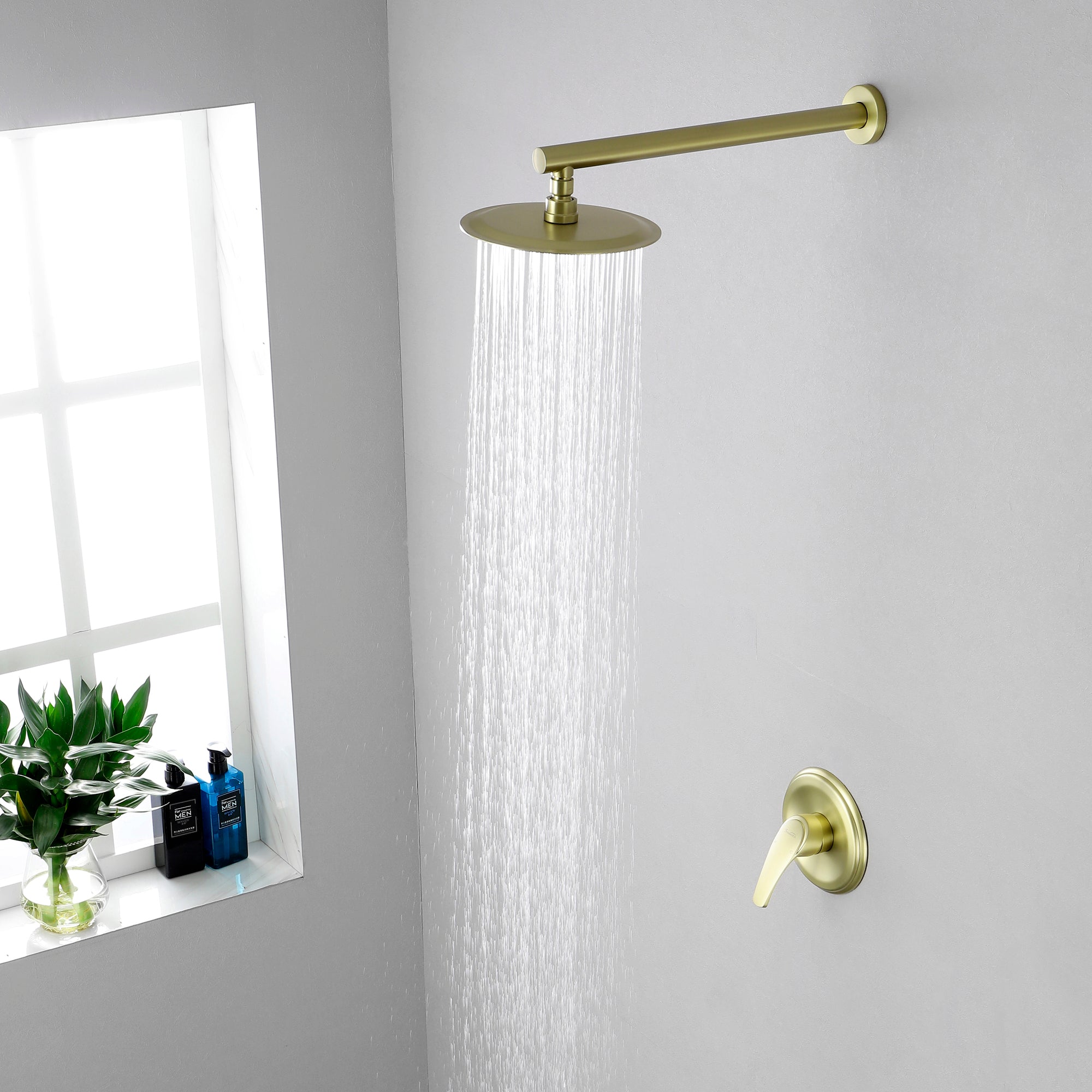 Boyel Living 1-Spray Patterns with 2.5 GPM 8 in. Wall Mount Rain Fixed Shower Head with Single Lever Handle and Valve in Brushed Gold-Boyel Living
