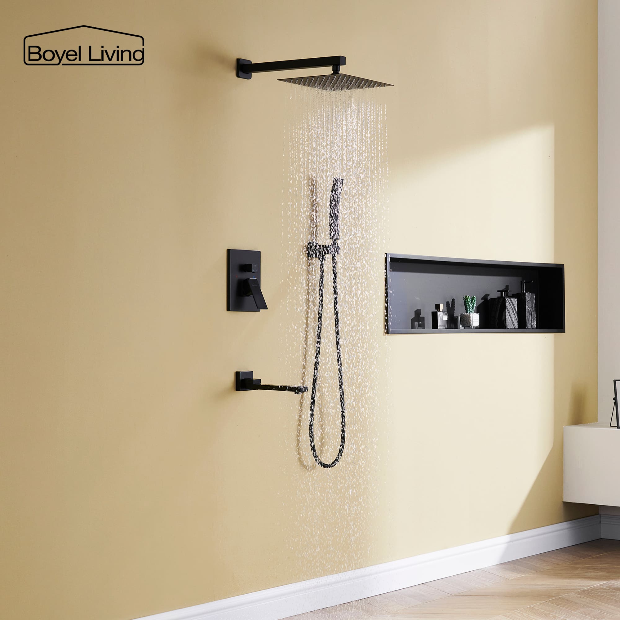 Boyel Living 10 in. Complete Shower Head System with Bath Tub Faucet and Rough-in Valve in Matte Black-Boyel Living