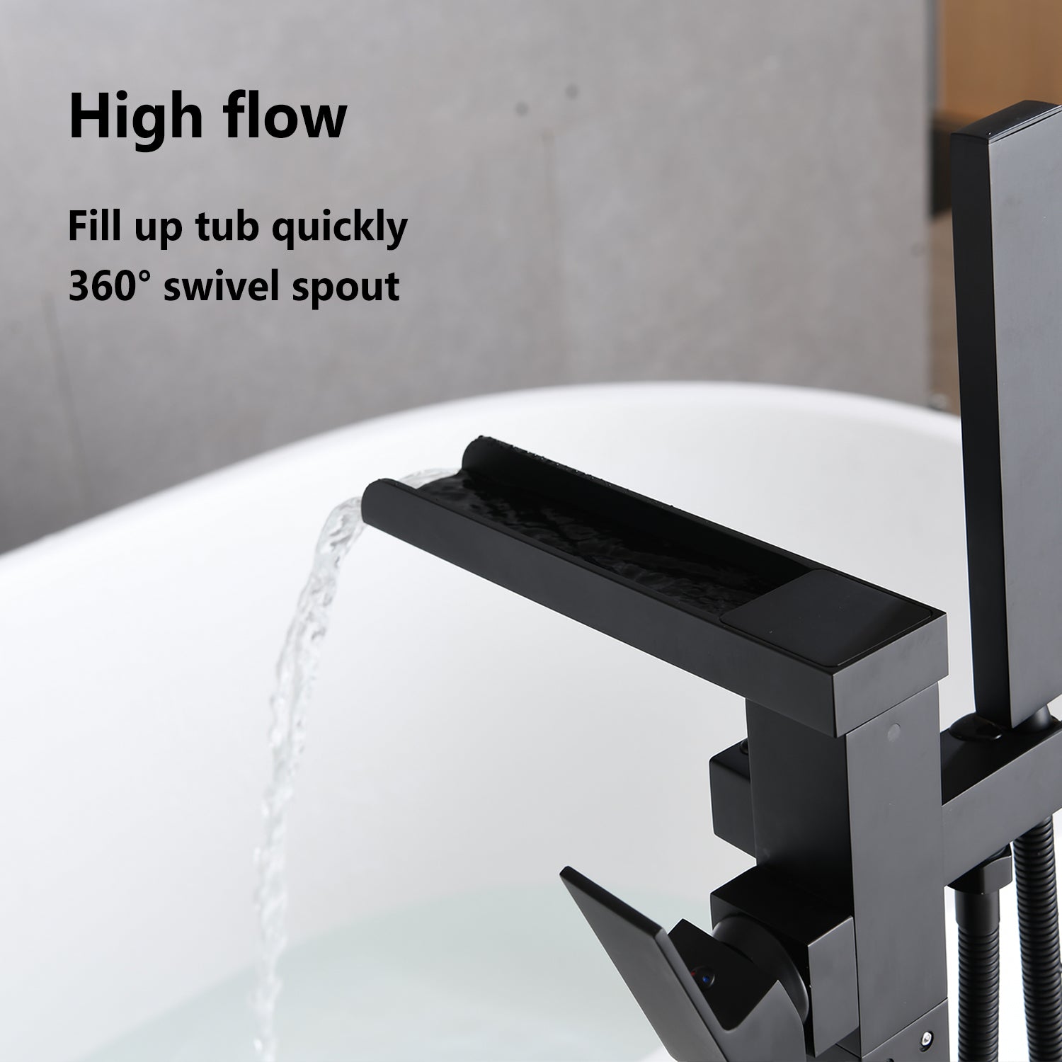 Boyel Living 2.4 GPM Floor Mount Freestanding Waterfall Tub Faucet with Handheld Shower, Brushed Nickel/Matte Black/Brushed Gold-Boyel Living