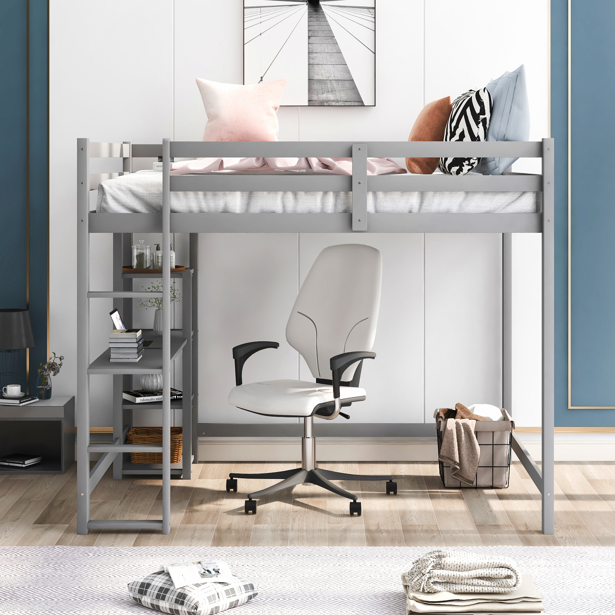 Full Size Loft Bed with Built-in Desk and Shelves,White/Gray