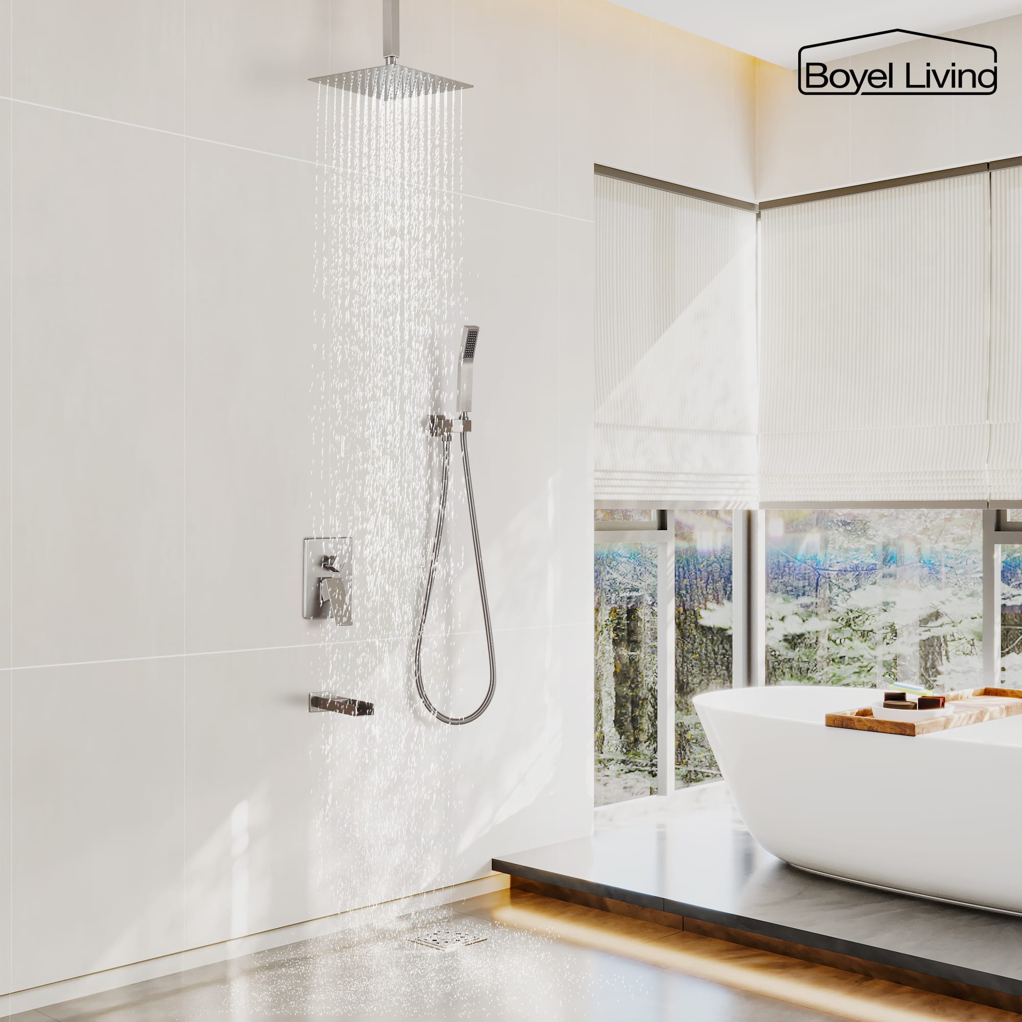 Boyel Living Ceiling Mounted Rain Shower Head Set Shower System with Hand Shower and Tub Spout-Boyel Living