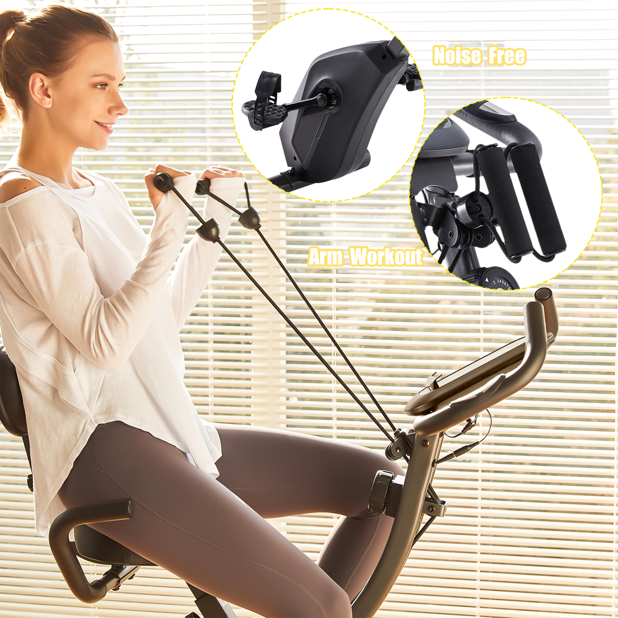 Folding Exercise Bike for Adult, Indoor Cycling Bike Stationary Upright Bike with Pulse, Arm Resistance Band, Comfortable Seat Cushion, Recumbent Workout Bike for Home Gym Cardio Training-Boyel Living