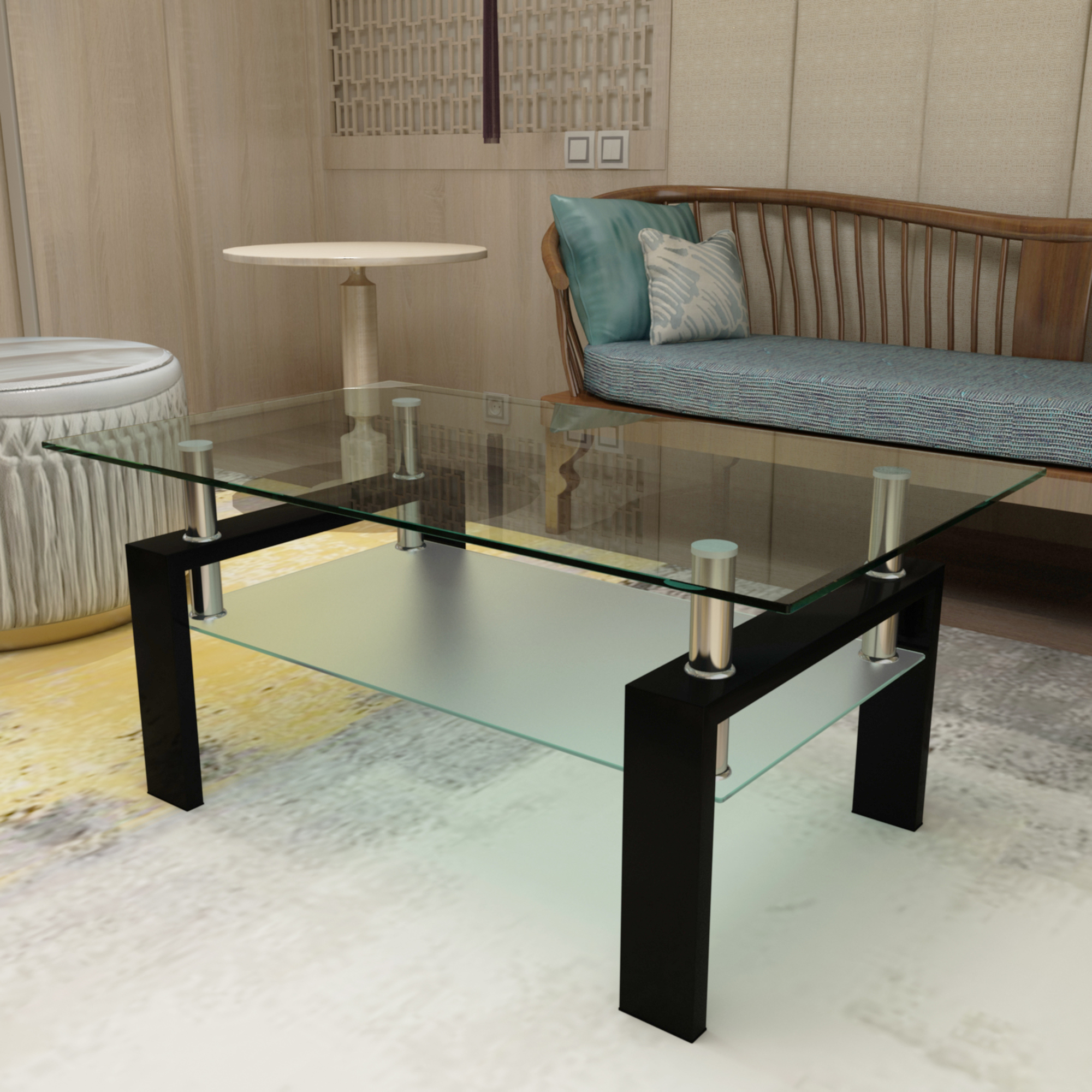 Rectangle Black Glass Coffee Table, Clear Coffee Table，Modern Side Center Tables for Living Room， Living Room Furniture-Boyel Living