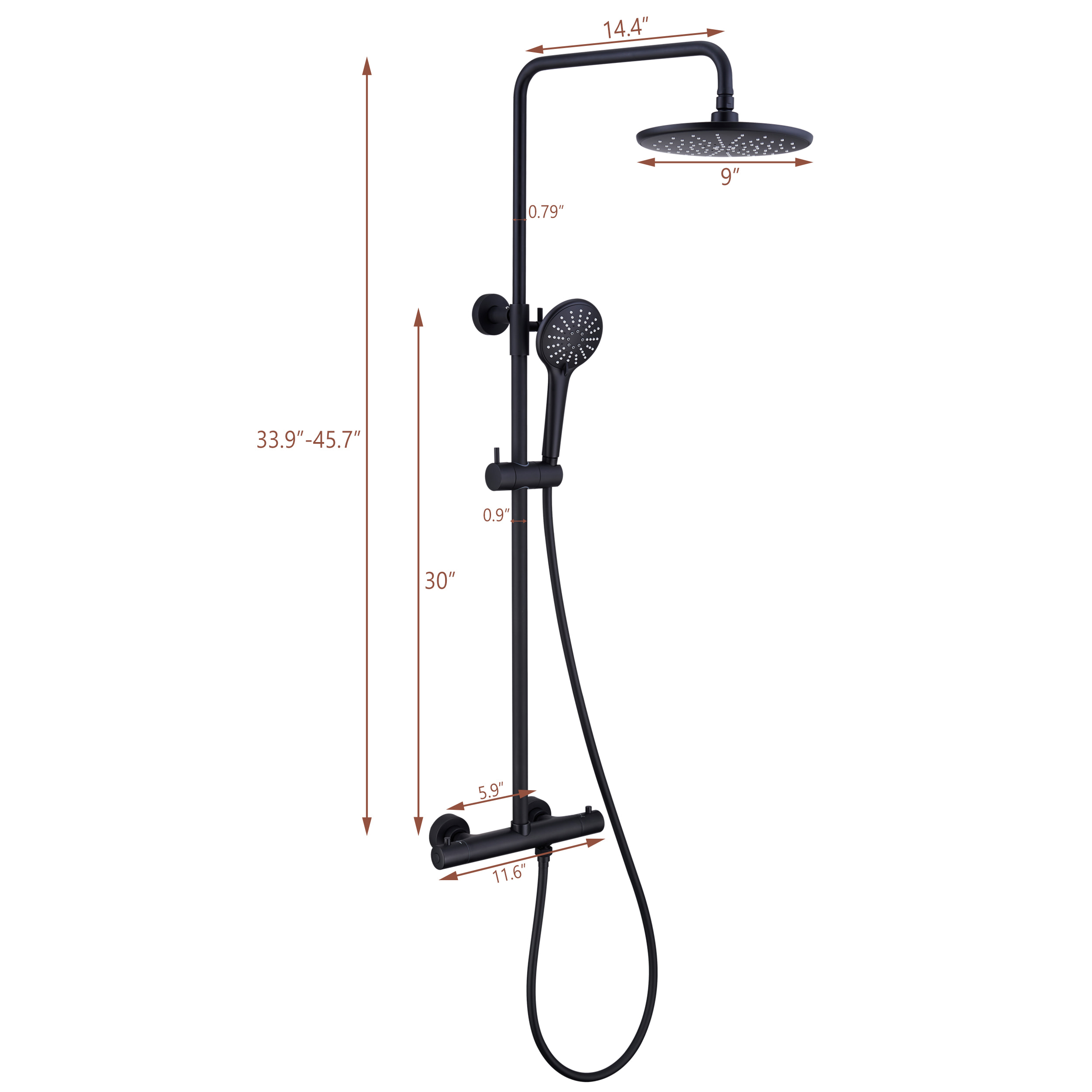 2 Function Wall Mount Round Thermostatic Rain Shower System in Matte Black-Boyel Living