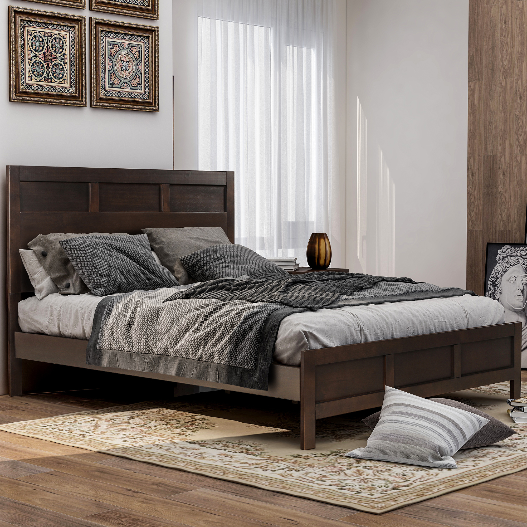 Classic King Platform Bed in Rich Brown No Box Spring Needed (Freely Configurable Bedroom Sets) For pickup buyer, this product can be shipped by Fedex!-Boyel Living