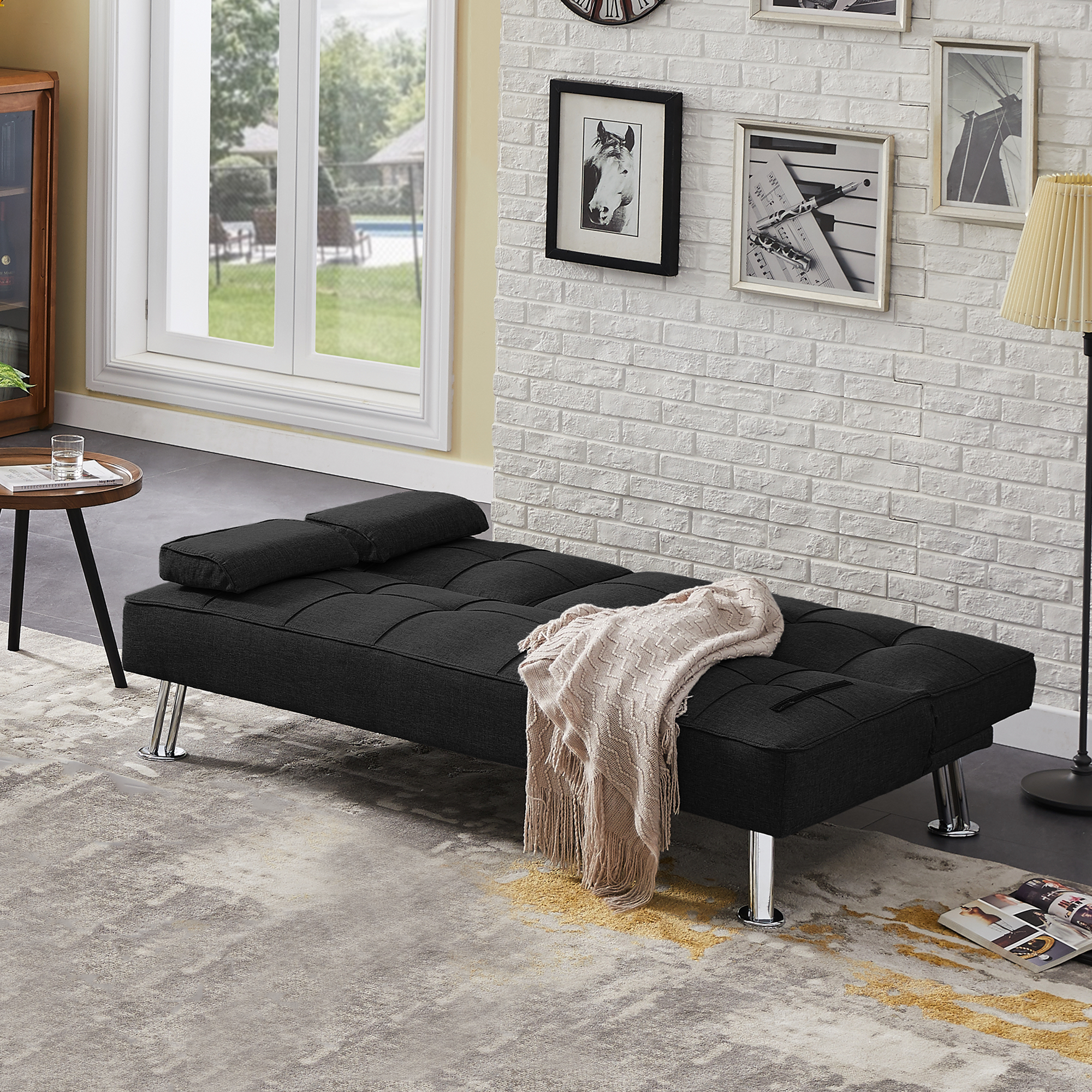 Modern Convertible Folding Futon Sofa Bed with2 Cup holders , Fabric Loveseat Sofa Bed with Removable Armrests and Metal Legs .-Boyel Living