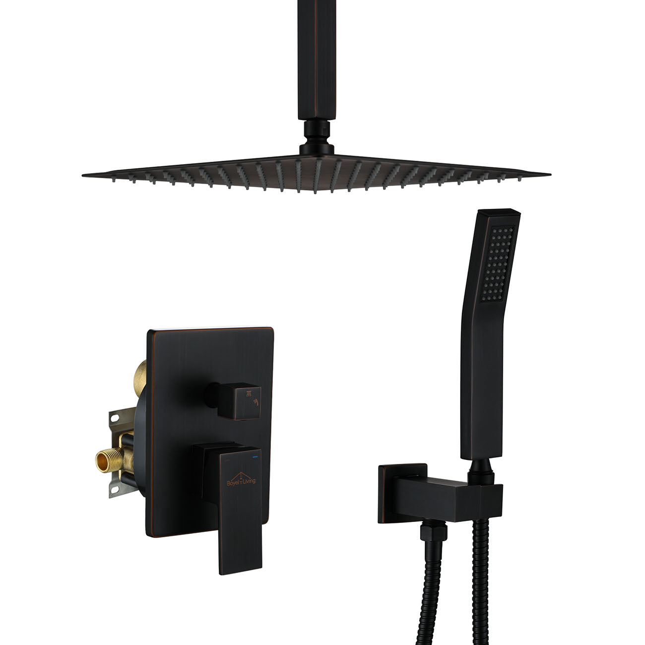 Boyel Living 1-Spray Patterns with 2.5 GPM Ceiling Mount Dual Shower Heads and Handheld Shower in Oil Rubbed Bronze, 10/12/16 in.-Boyel Living