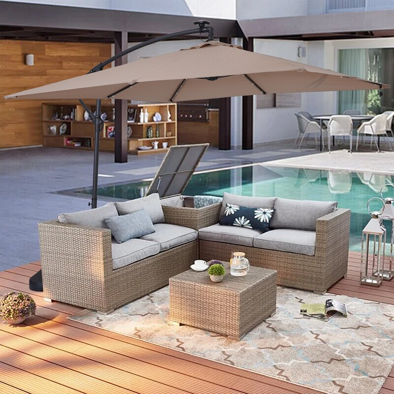 8.5Ft Square 32 LED Solar Outdoor Market Cantilever Patio Umbrella with Aluminum Hanging Umbrella with Tilt and Base-Boyel Living