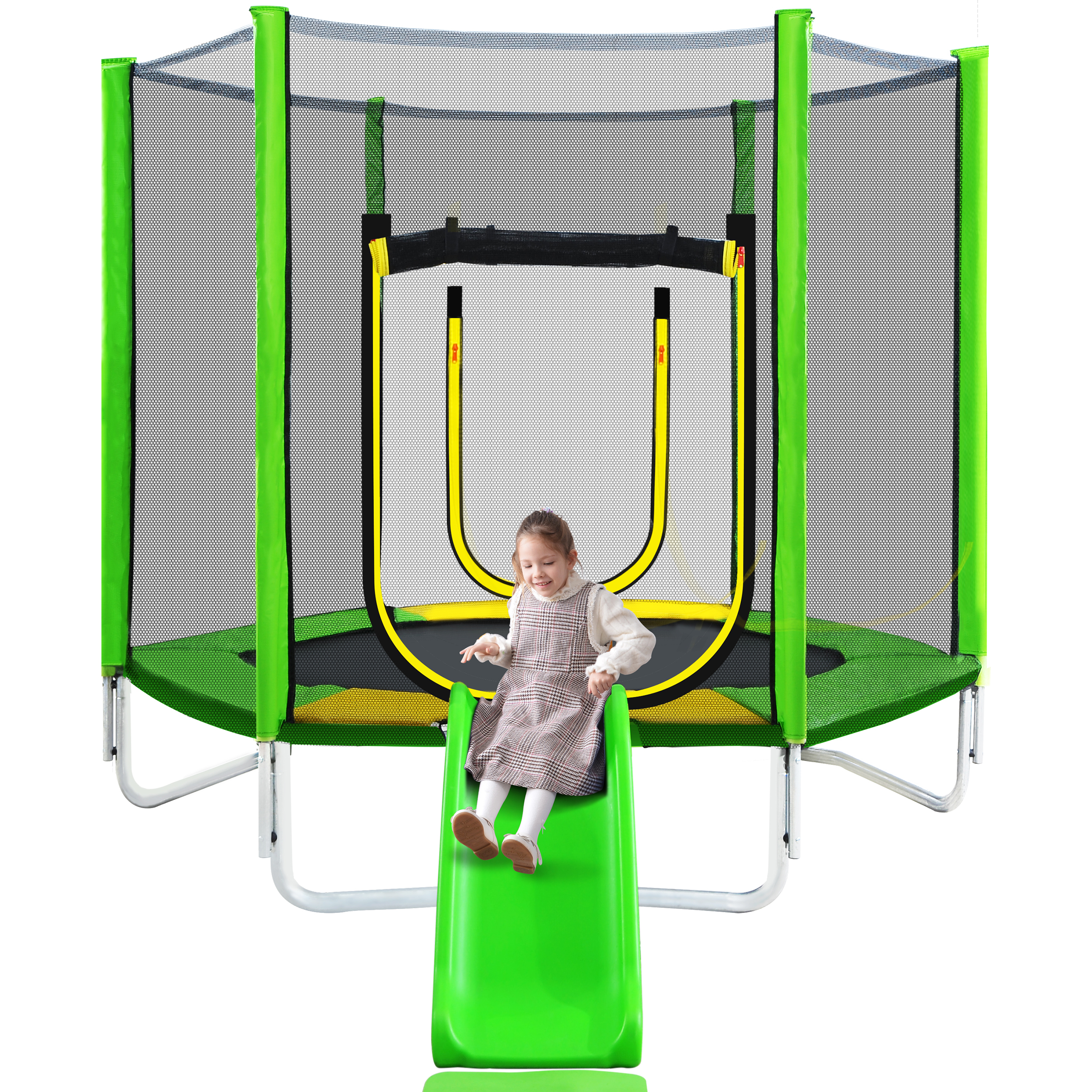7FT Trampoline for Kids with Safety Enclosure Net, Slide and Ladder, Easy Assembly Round Outdoor Recreational Trampoline-Boyel Living