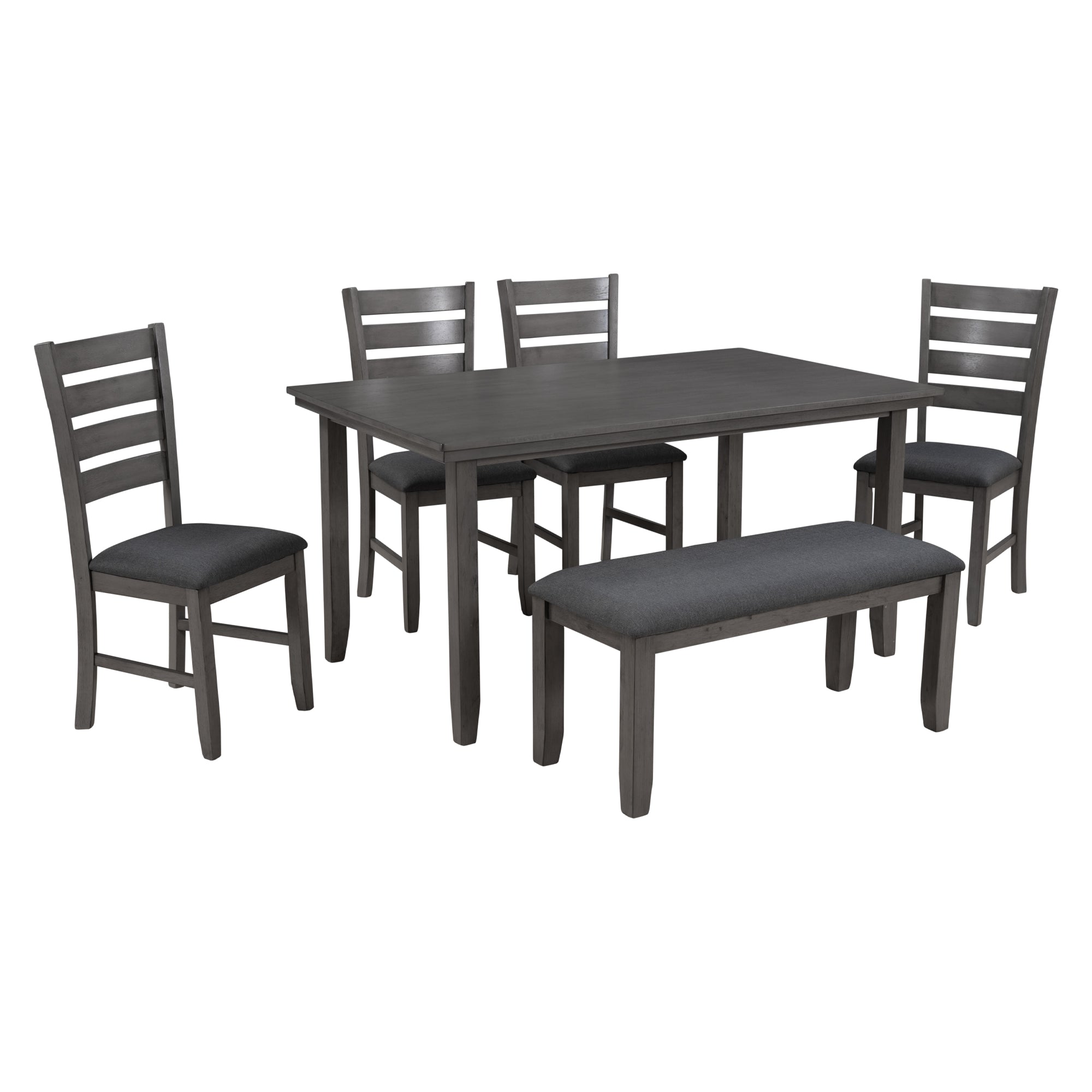 Dining Room Table and Chairs with Bench, Rustic Wood Dining Set, Set of 6 (Gray)-Boyel Living