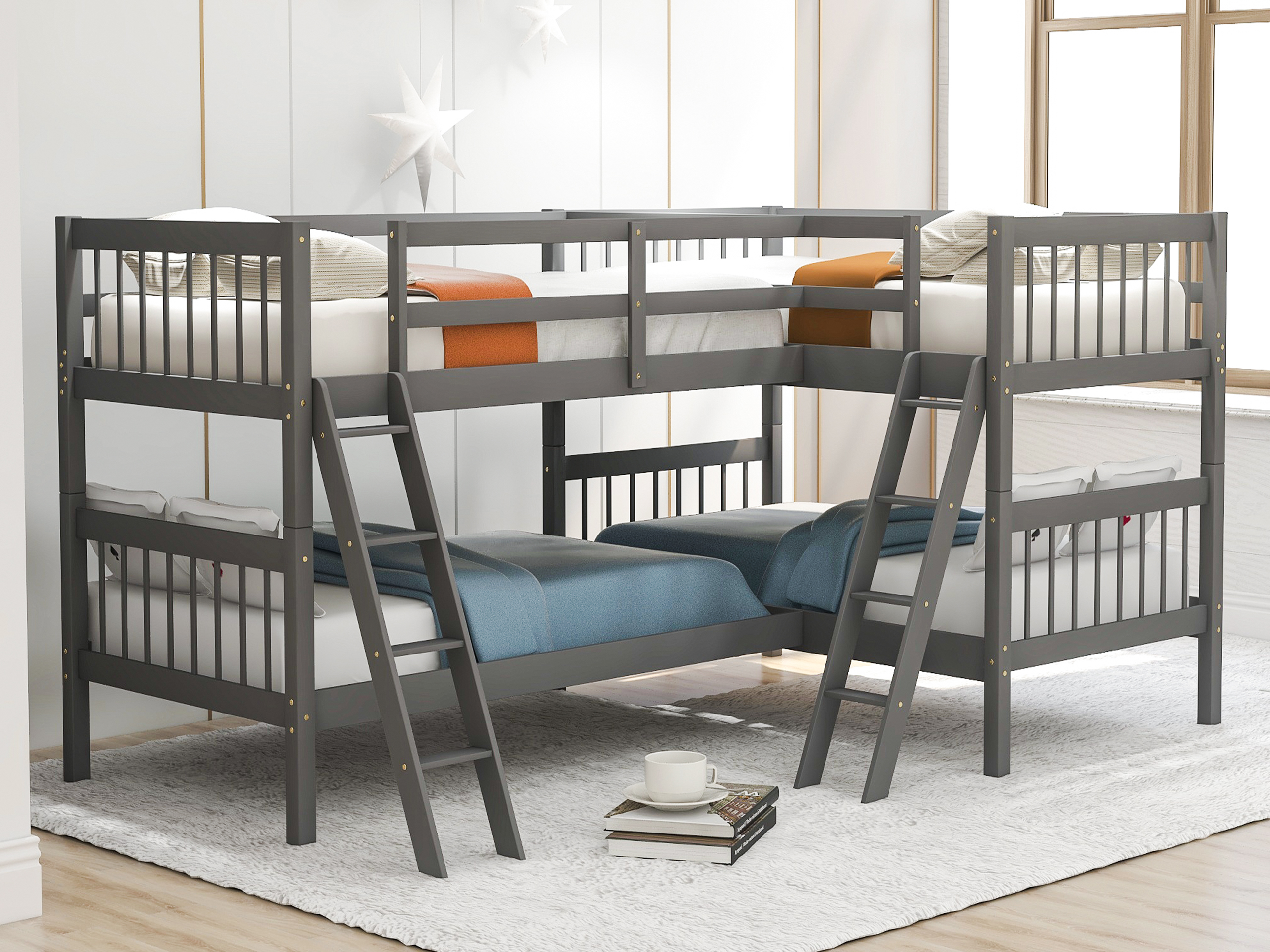 L-Shaped Bunk Bed with Ladder,Twin Size-Gray(OLD SKU :LP000020AAE)-Boyel Living