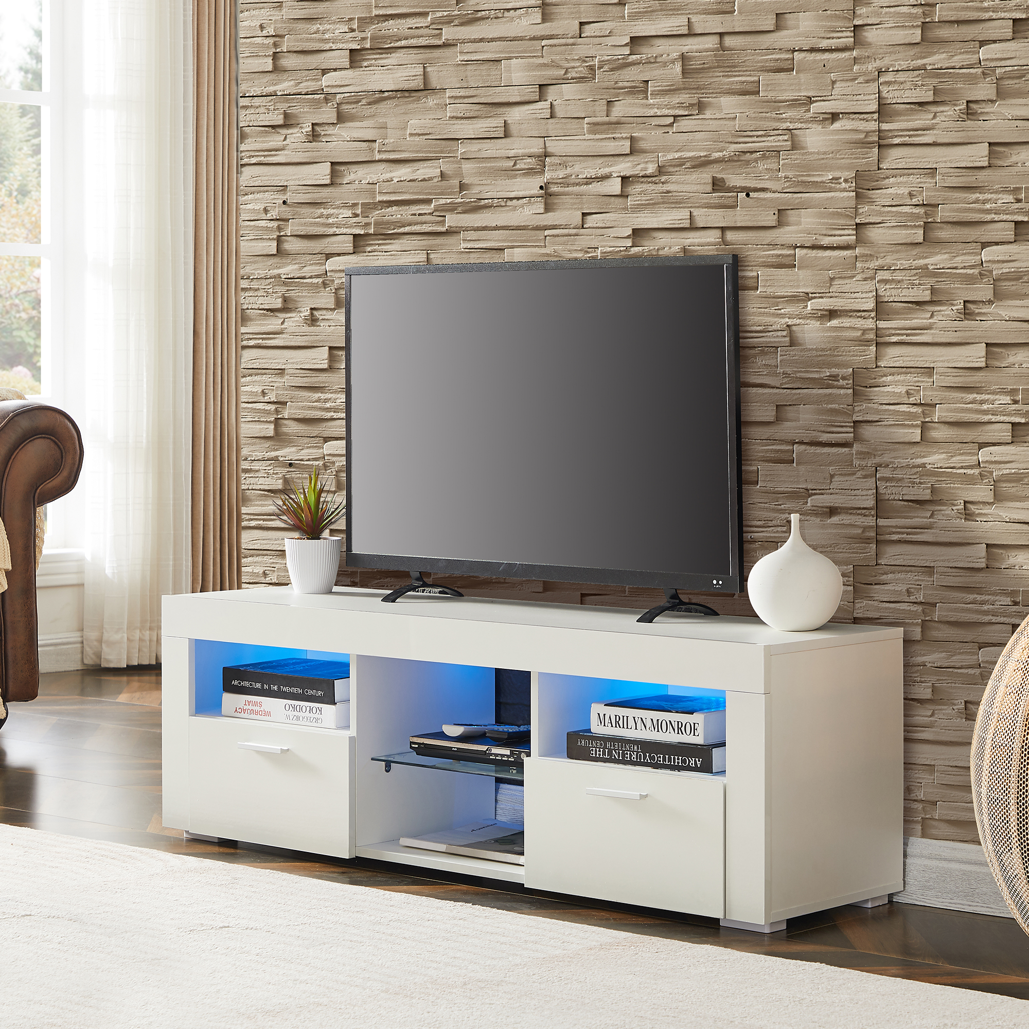 White morden TV Stand with LED Lights,high glossy front TV Cabinet,can be assembled in Lounge Room, Living Room or Bedroom,color:WHITE-Boyel Living