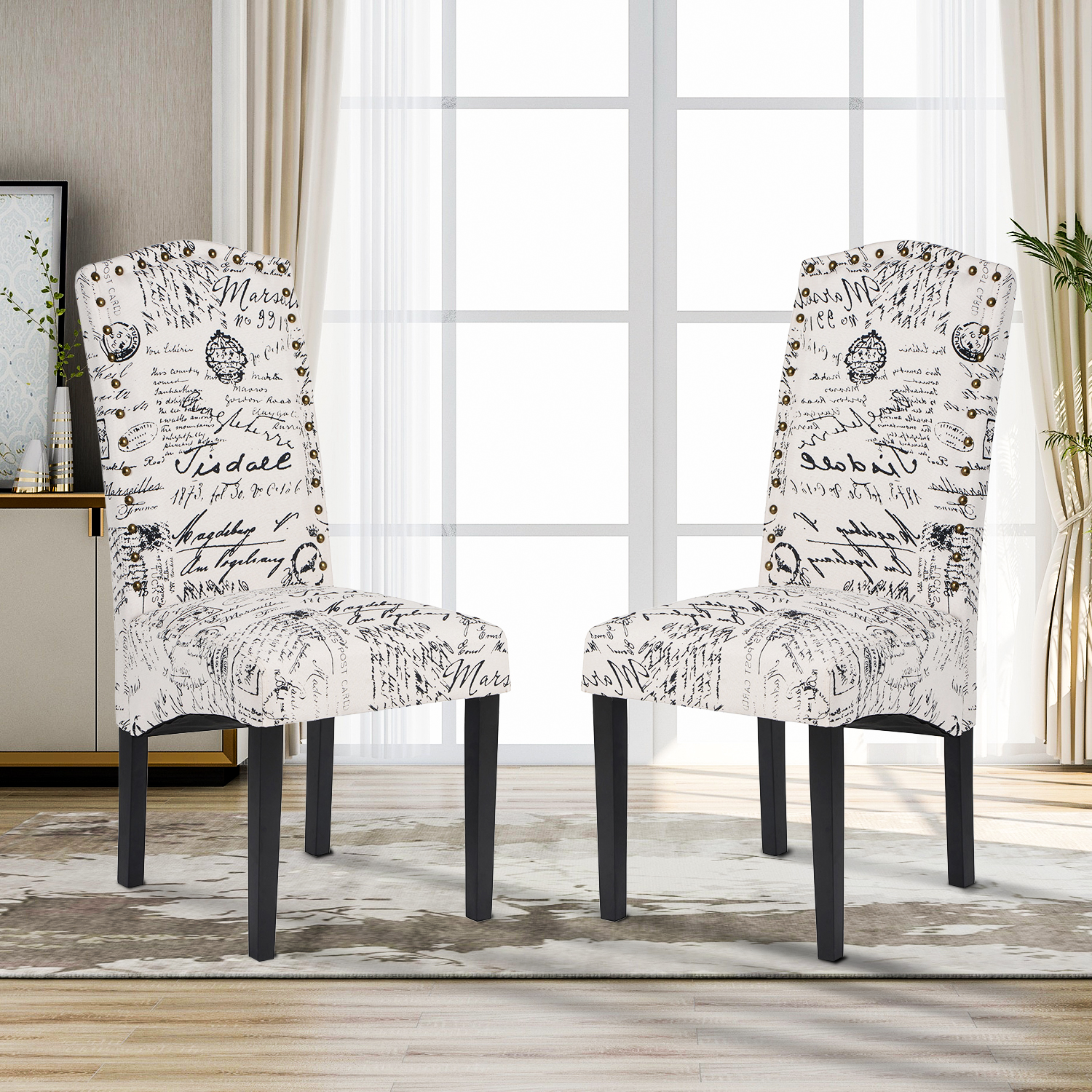 Dining Script Fabric Accent Chair with Solid Wood Legs, Set of 2-Boyel Living