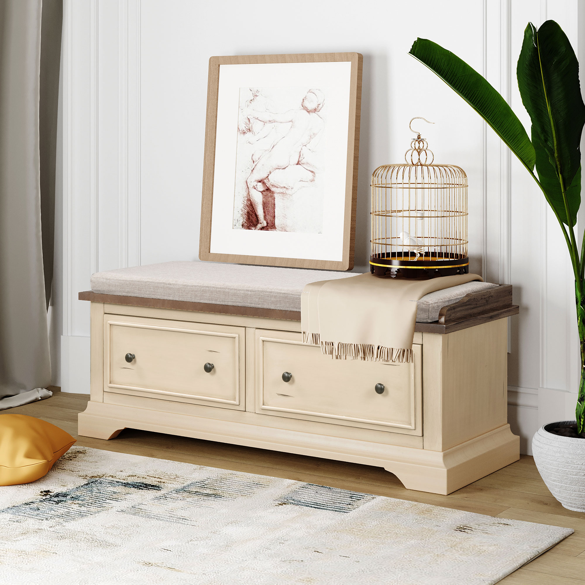 Solid Wood Shoe Bench with Two Large Drawers and Removable Cushion, Fully Assembled (Beige+Sepia)-Boyel Living