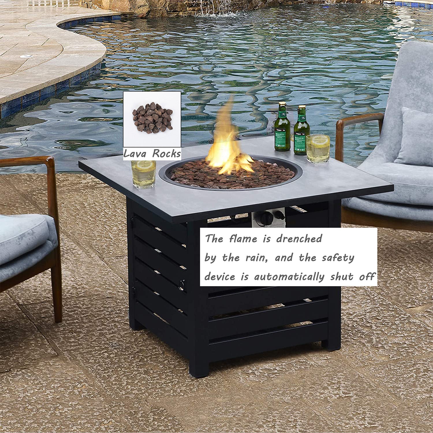 Gray Fire Pit Table, 32-inch Square 50,000 BTU Auto-Ignition Propane Gas Firepit with Waterproof Cover-Boyel Living