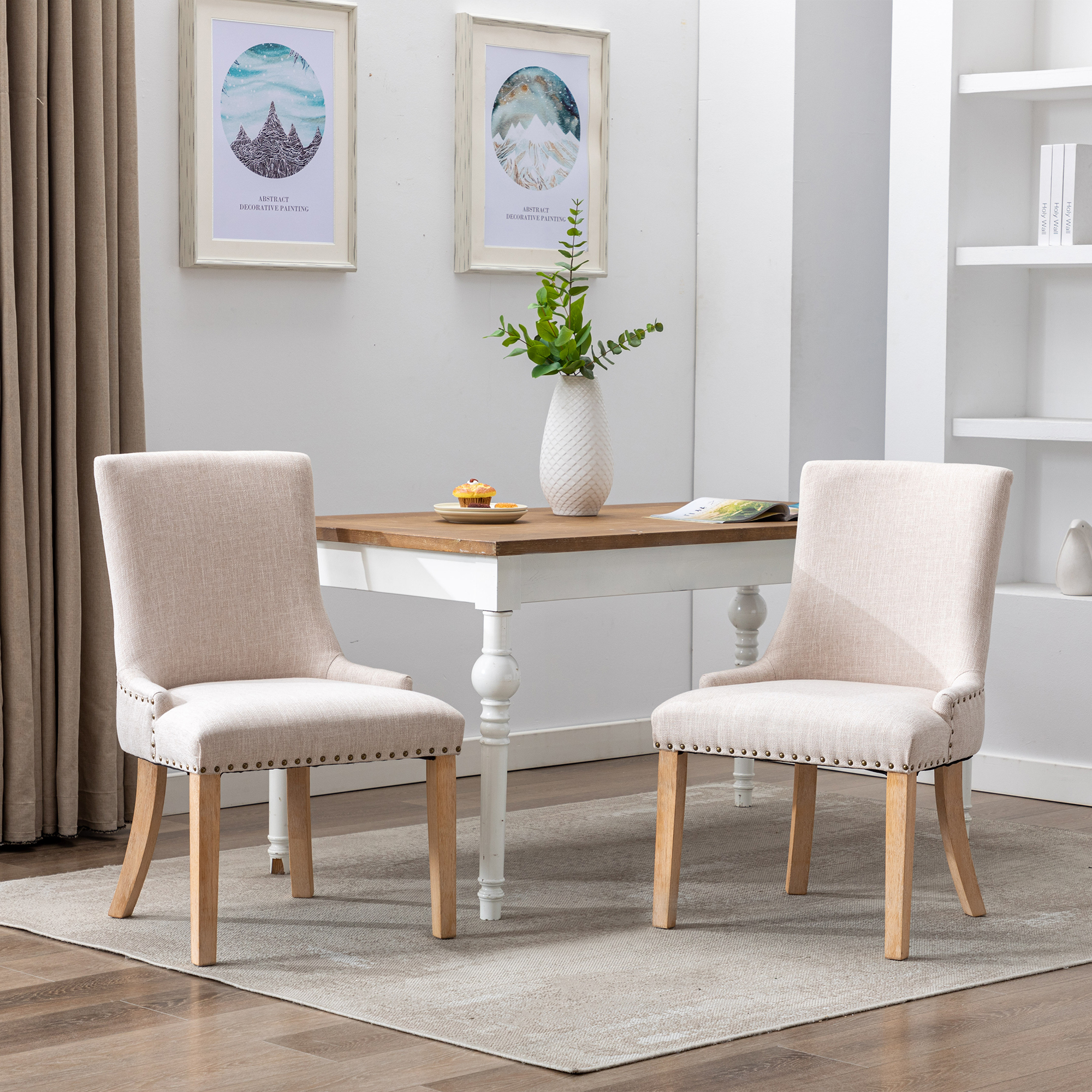 Hengming  Set of 2 Fabric Dining Chairs Leisure Padded Chairs with  Rubber Wood Legs,Nailed Trim, Beige-Boyel Living