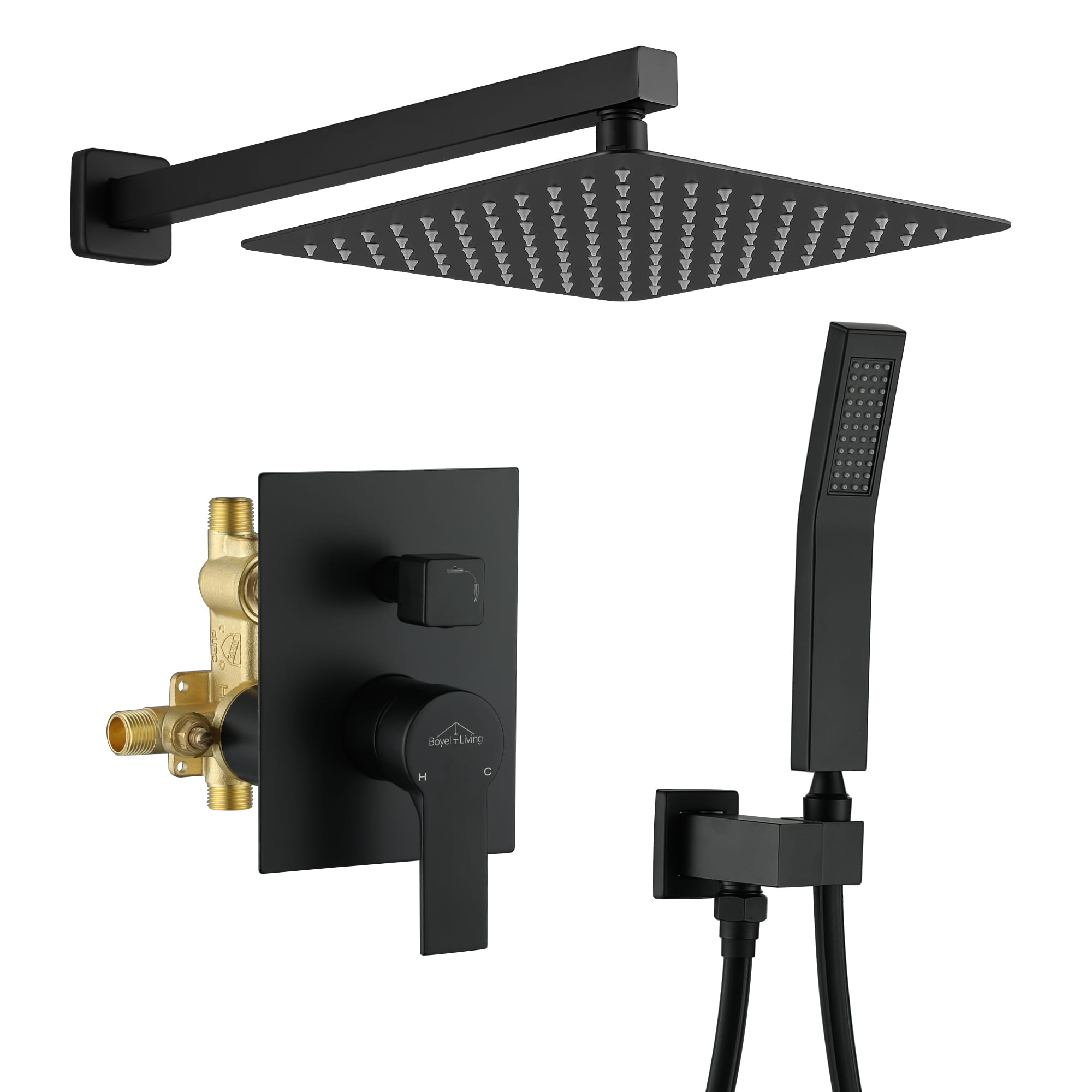 Boyel Living 1-Spray Patterns with 2.66 GPM 10 in. Wall Mount Dual Shower Heads with Rough-In Valve Body and Trim in Matte Black-Boyel Living