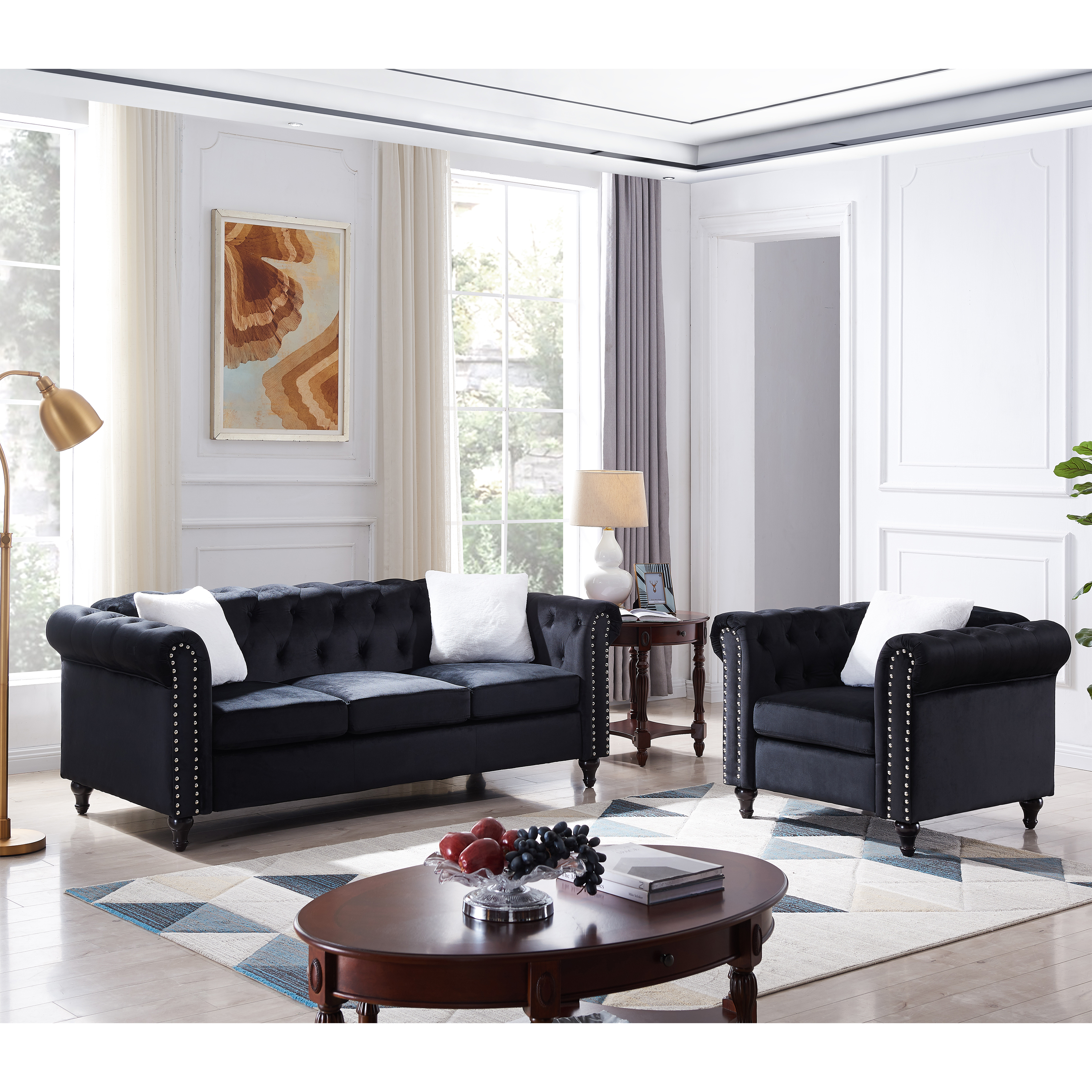 2 Piece Living Room Sofa Set, including 3-Seater Sofa and Sofa Chair, with Button and Copper Nail on Arms and Back,Three White Villose Pillow，Black-Boyel Living