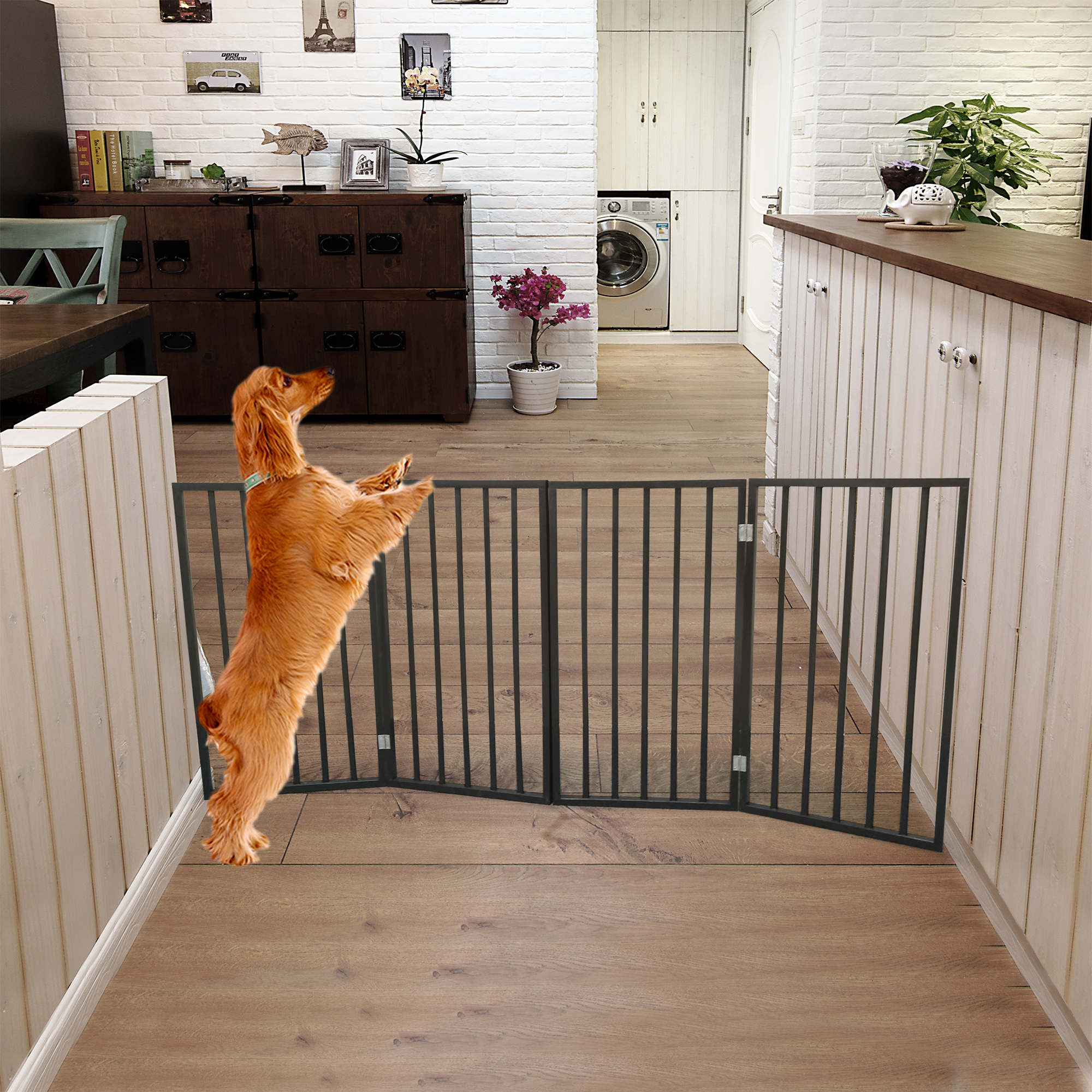 Pet Gate &ndash; Dog Gate for Doorways, Stairs or House &ndash; Freestanding, Folding，brown,Arc Wooden-Boyel Living