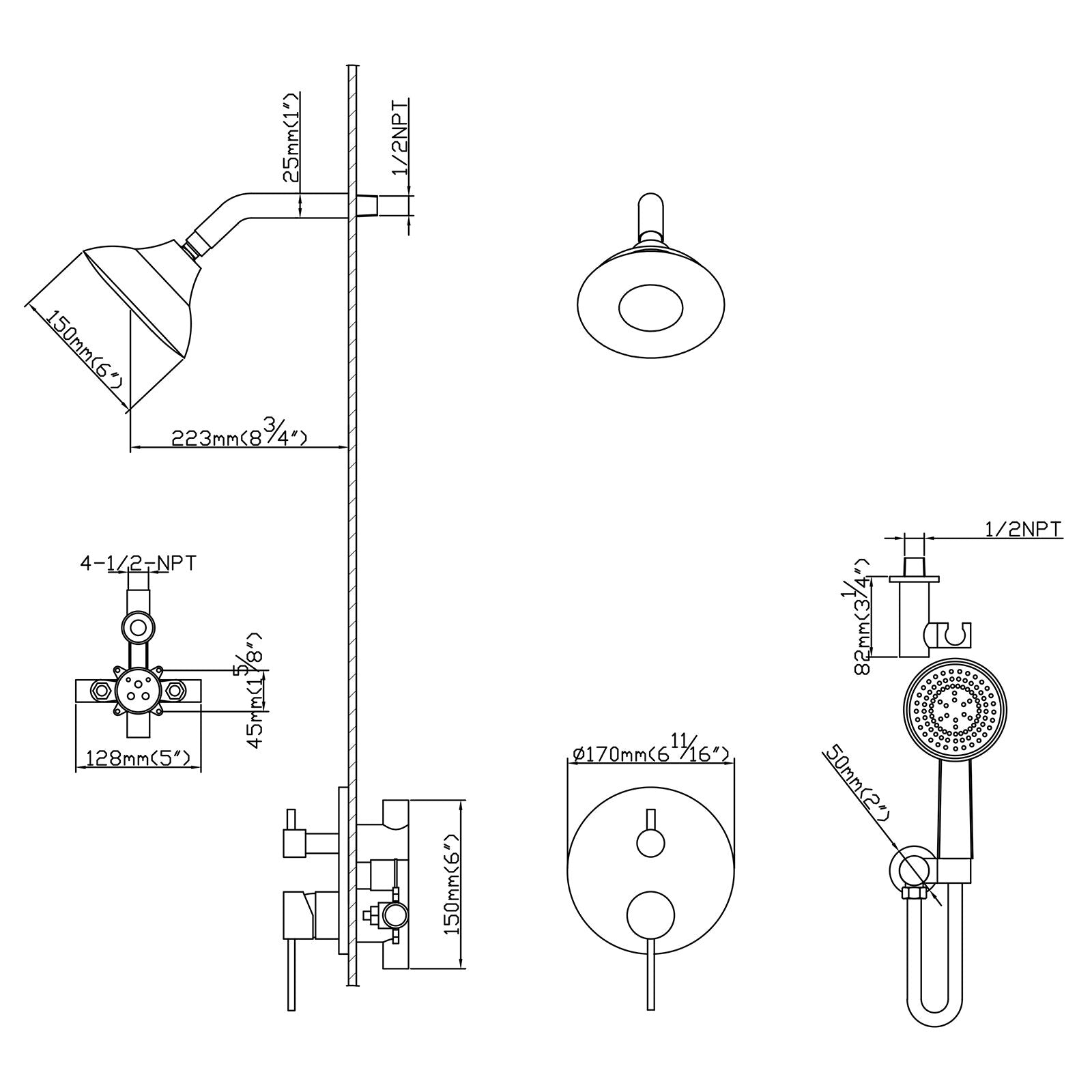 Round Shower System  Wall Mounted Rain Mixer Combo Set-Boyel Living