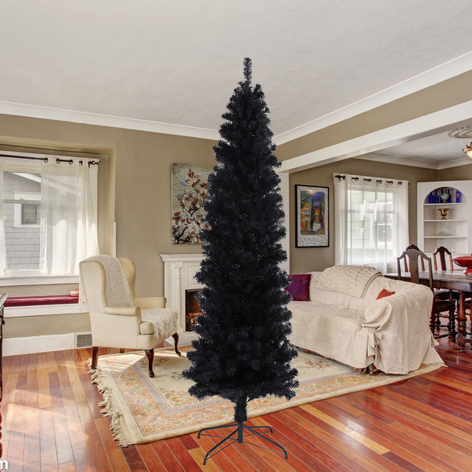 7.5FT Black Slim Artificial Christmas Tree  Includes Foldable Metal Stand-Boyel Living