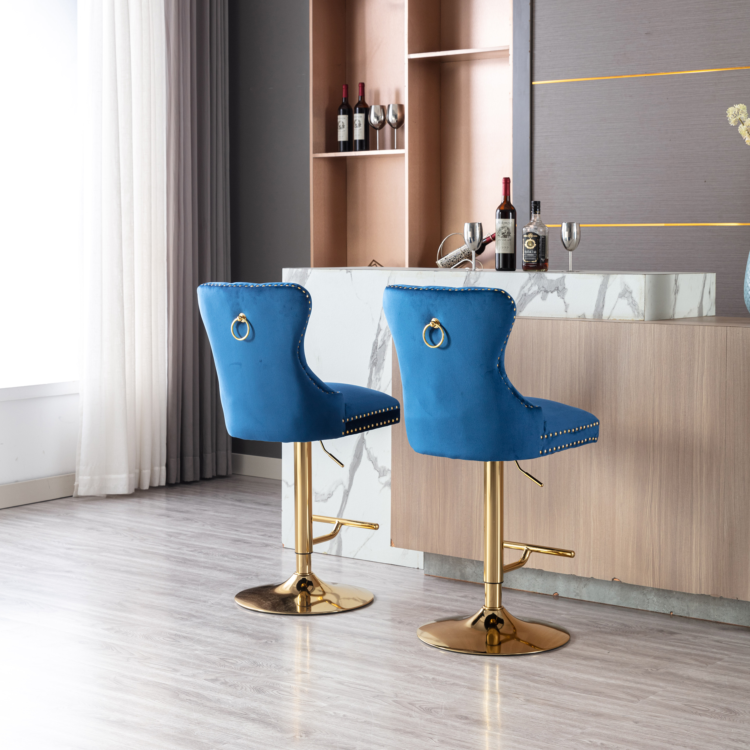 Swivel Bar Stools Chair Set of 2 Modern Adjustable Counter Height Bar Stools Velvet Upholstered Stool with Tufted High Back Ring Pull for Kitchen