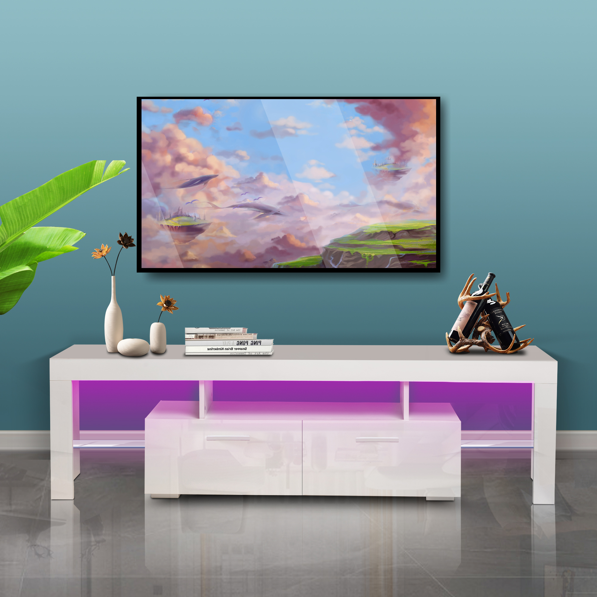 20 minutes quick assemble,White morden TV Stand with LED Lights,high glossy front TV Cabinet,can be assembled in Lounge Room, Living Room or Bedroom,color:WHITE-Boyel Living